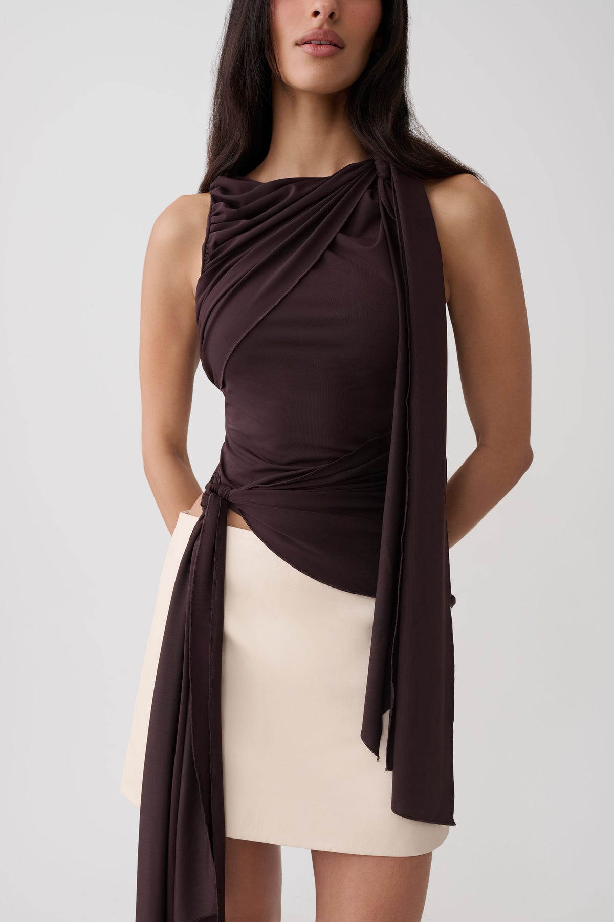 Amabel Gather Knot Sleeveless Top - Chocolate