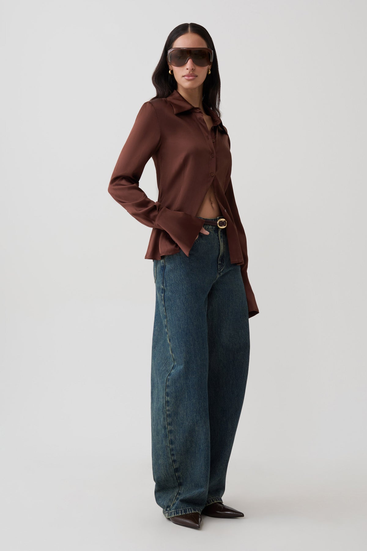 Queenie Silk Long Sleeve Shirt - Dark Chocolate