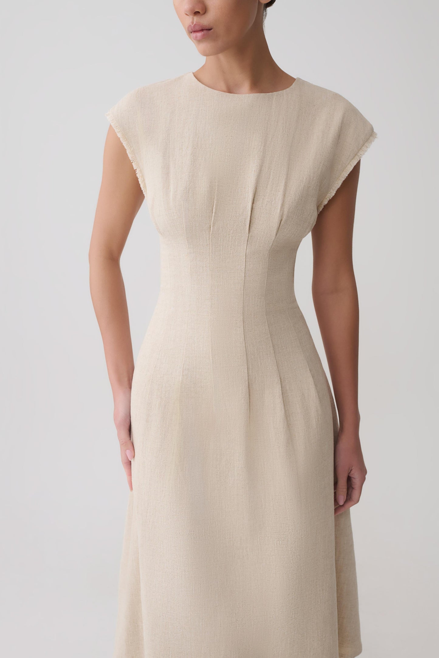 Zinia Linen Cap Sleeve Midi Dress - Natural