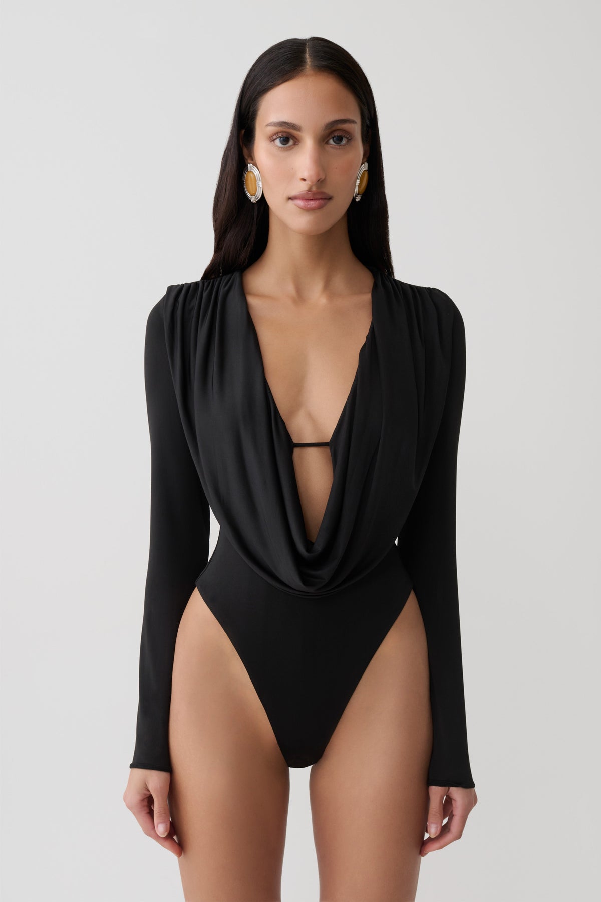 Ren Cowl Long Sleeve Slinky Bodysuit - Black