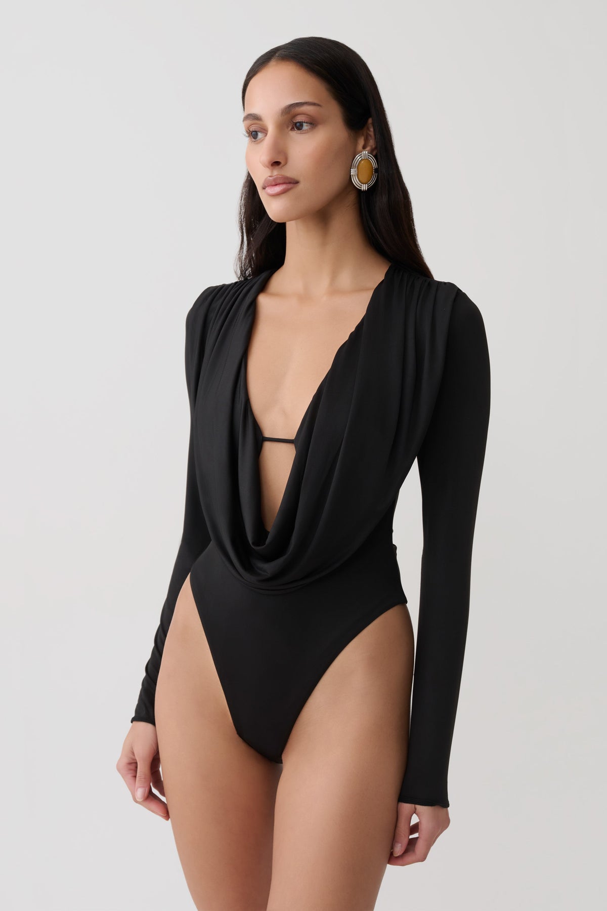 Ren Cowl Long Sleeve Slinky Bodysuit - Black