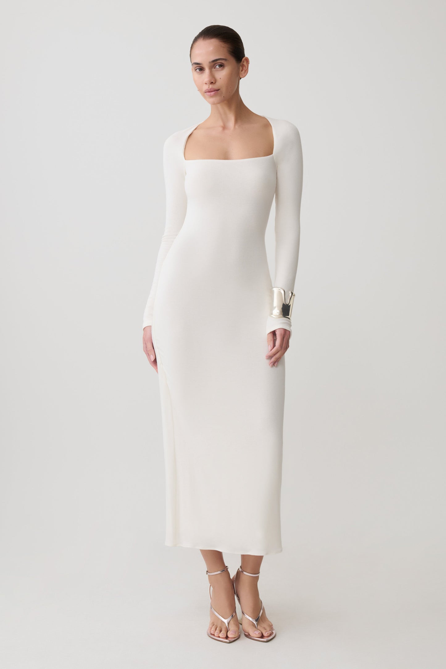Freja Long Sleeve Wool Midi Dress - White