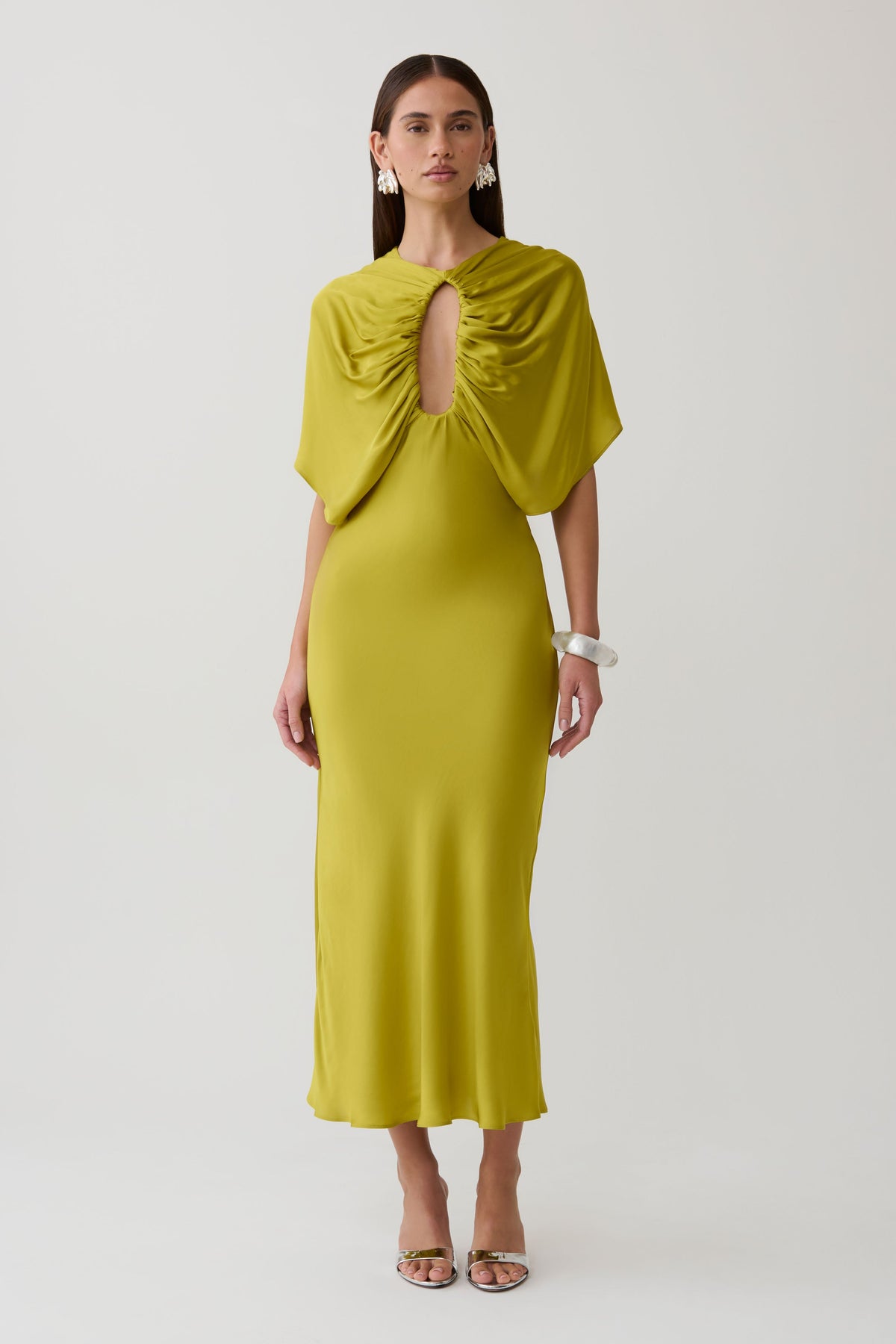 Mona Cut Out Satin Midi Dress - Chartreuse