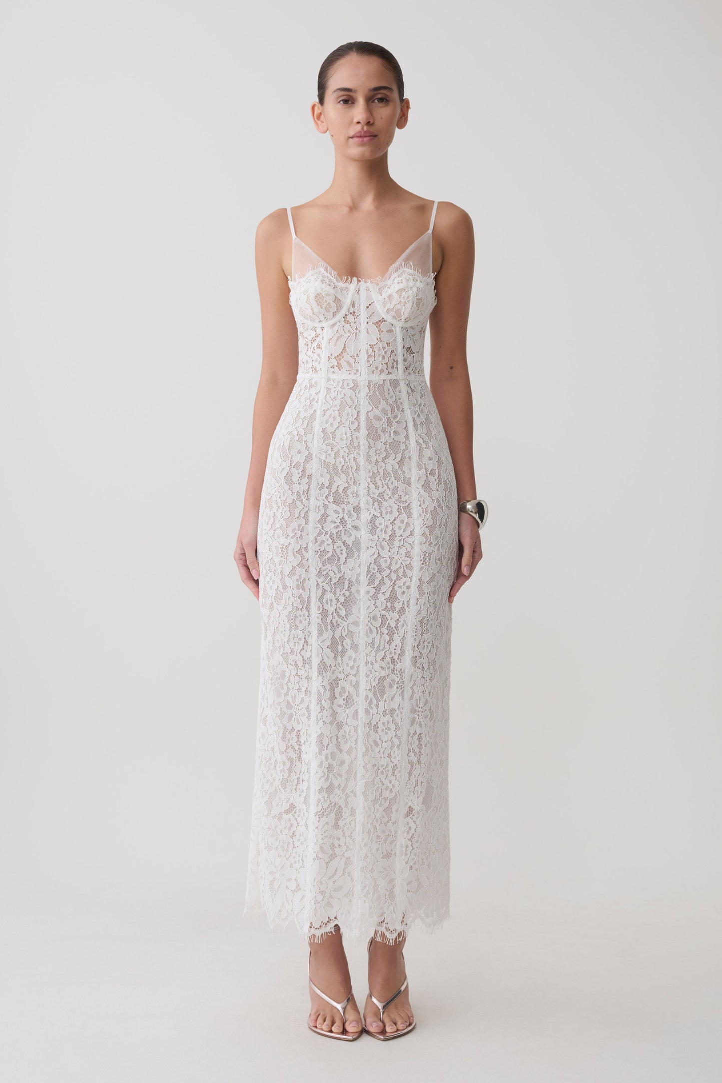 Ottilie Lace And Mesh Midi Dress - White