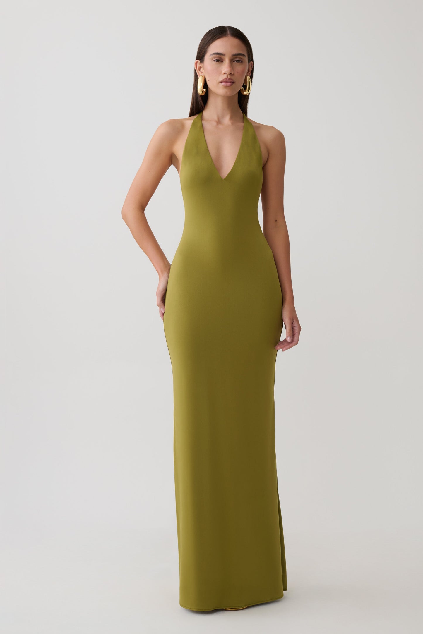 Hana Slinky Plunge Maxi Dress - Martini Olive