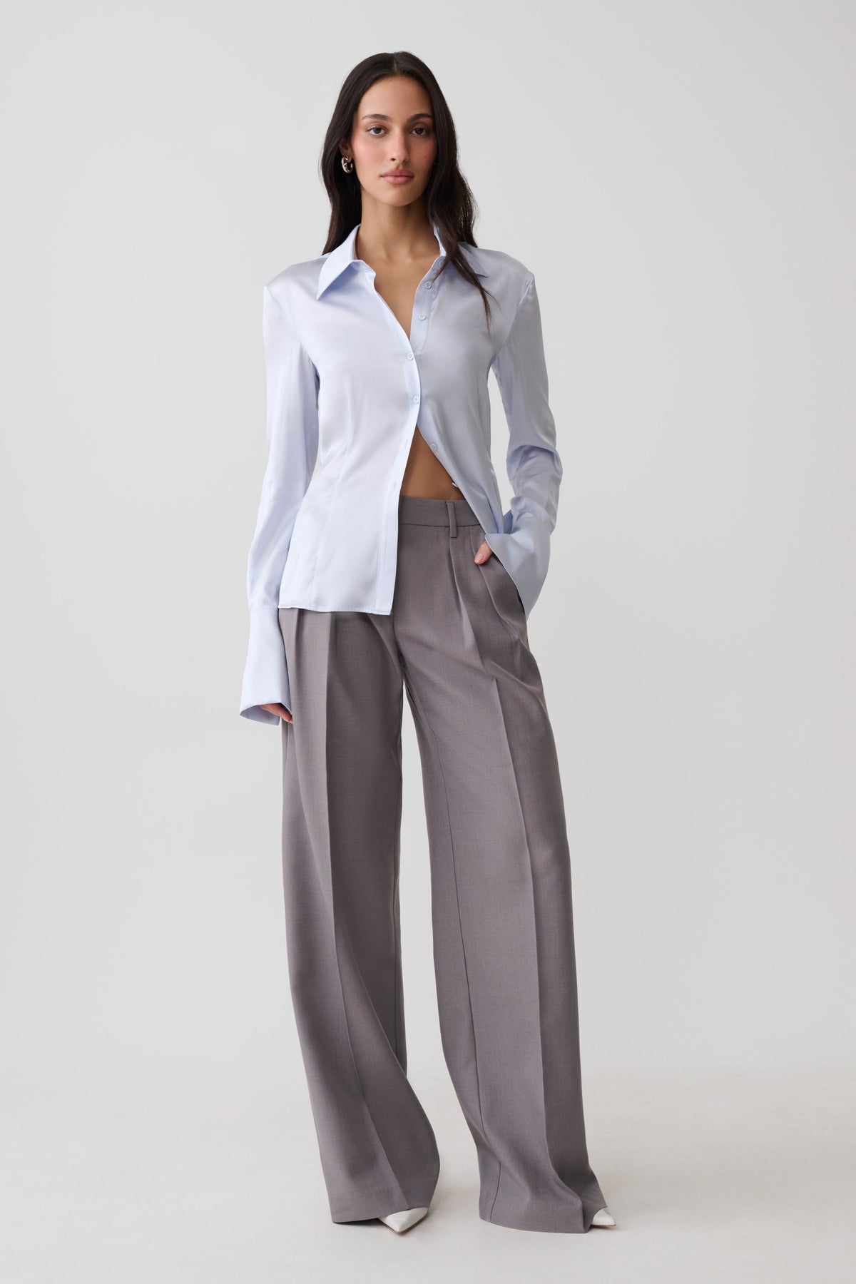 Queenie Silk Blend Long Sleeve Shirt - Ice Blue