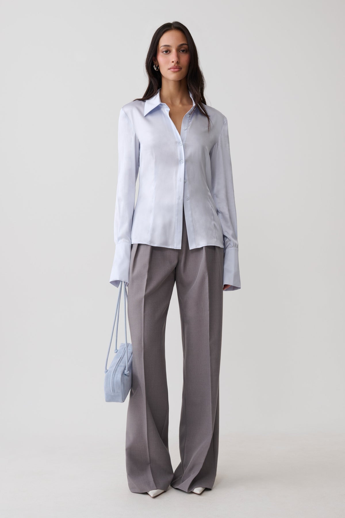 Queenie Silk Blend Long Sleeve Shirt - Ice Blue
