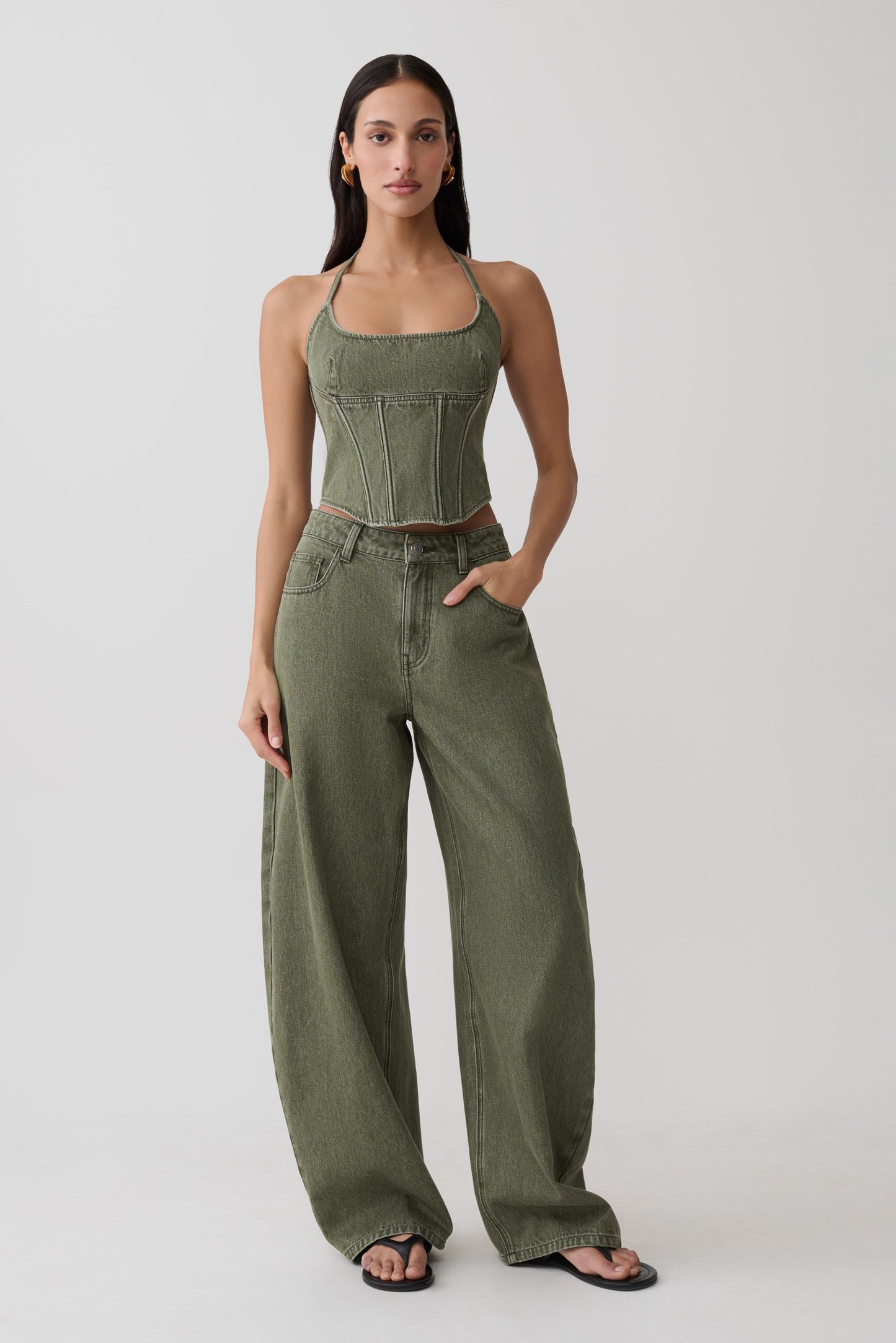 Stephanie Corset Denim Top - Washed Khaki