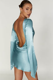 Davina Satin Long Sleeve Mini Dress - Powder Blue