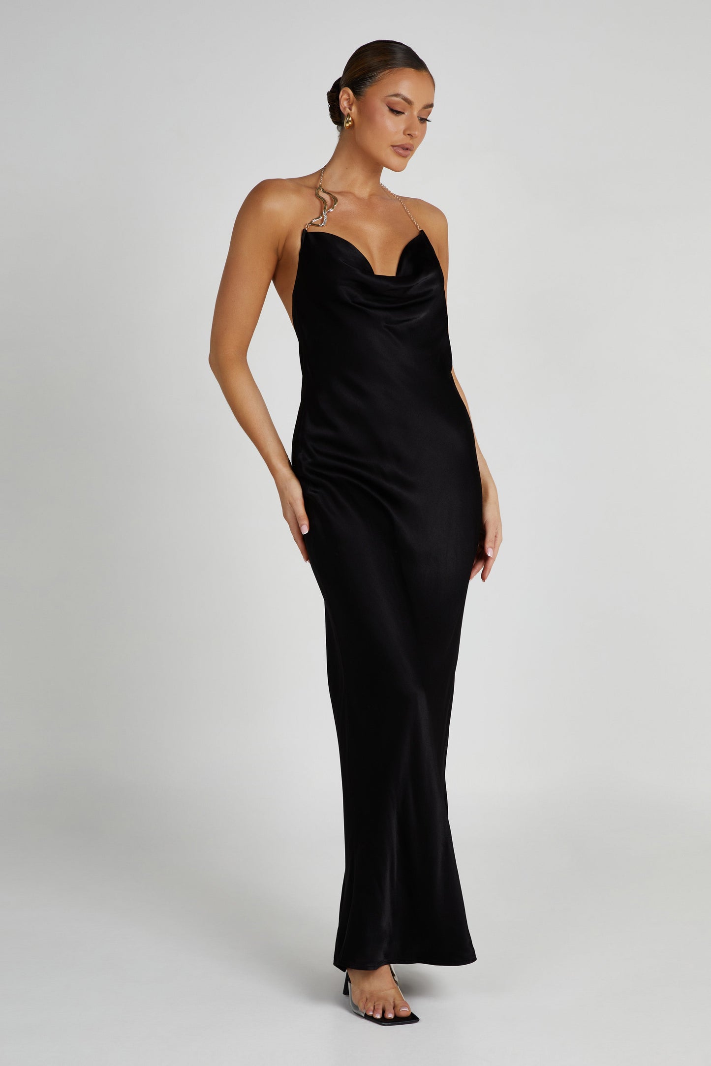 Melissa Satin Cowl Front Maxi Dress - Black