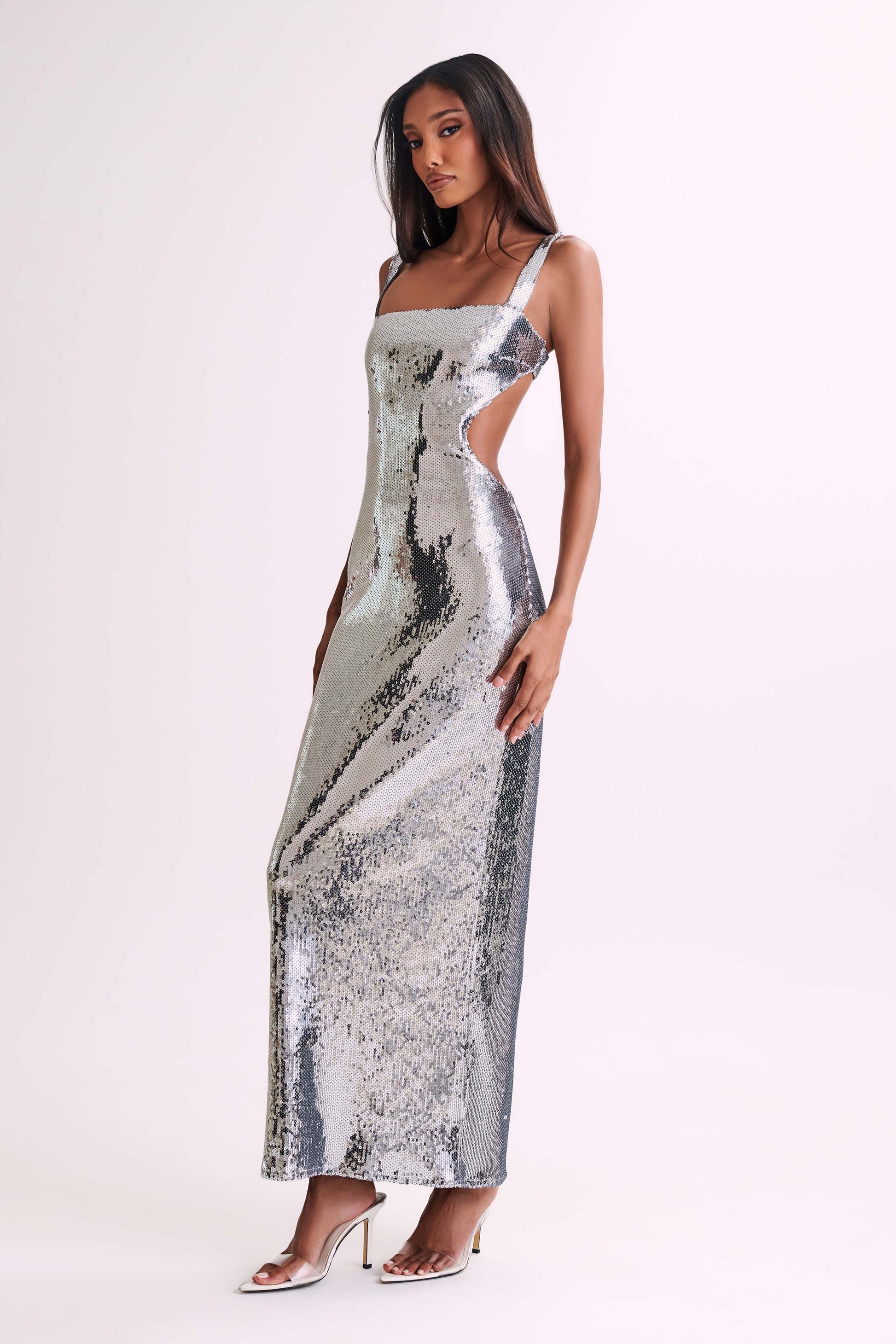 Adoria Sequin Cut Out Maxi Dress - Silver #9