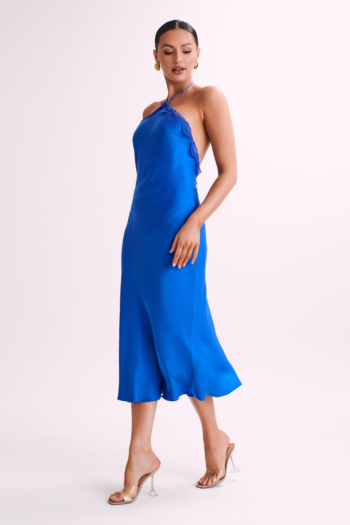Kaya Satin Midi Dress With Lace - Periwinkle