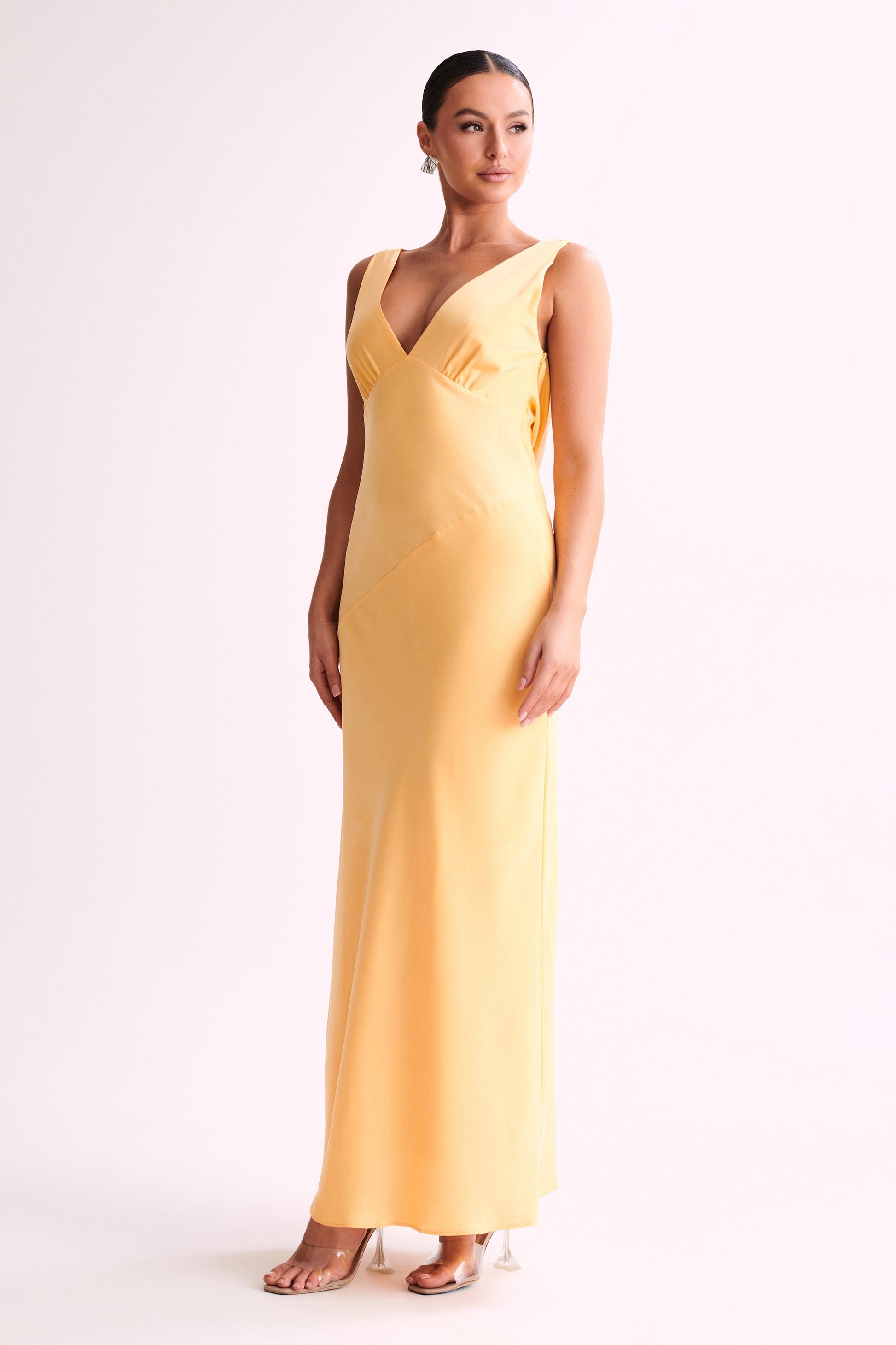 Nadia Maxi Satin Dress With Back Cowl - Lemon #7