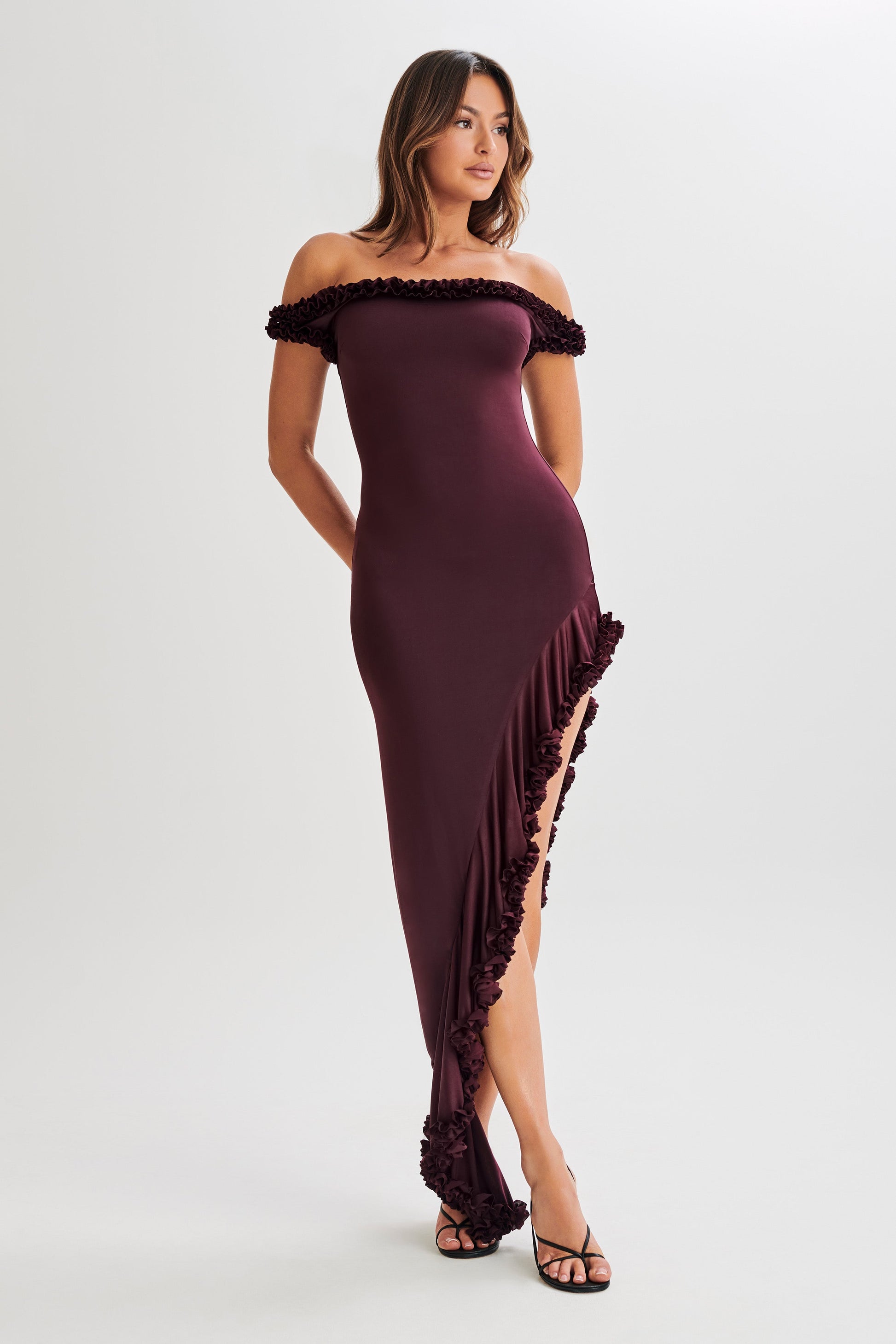 Arielle Off Shoulder Ruffle Midi Dress - Plum #8