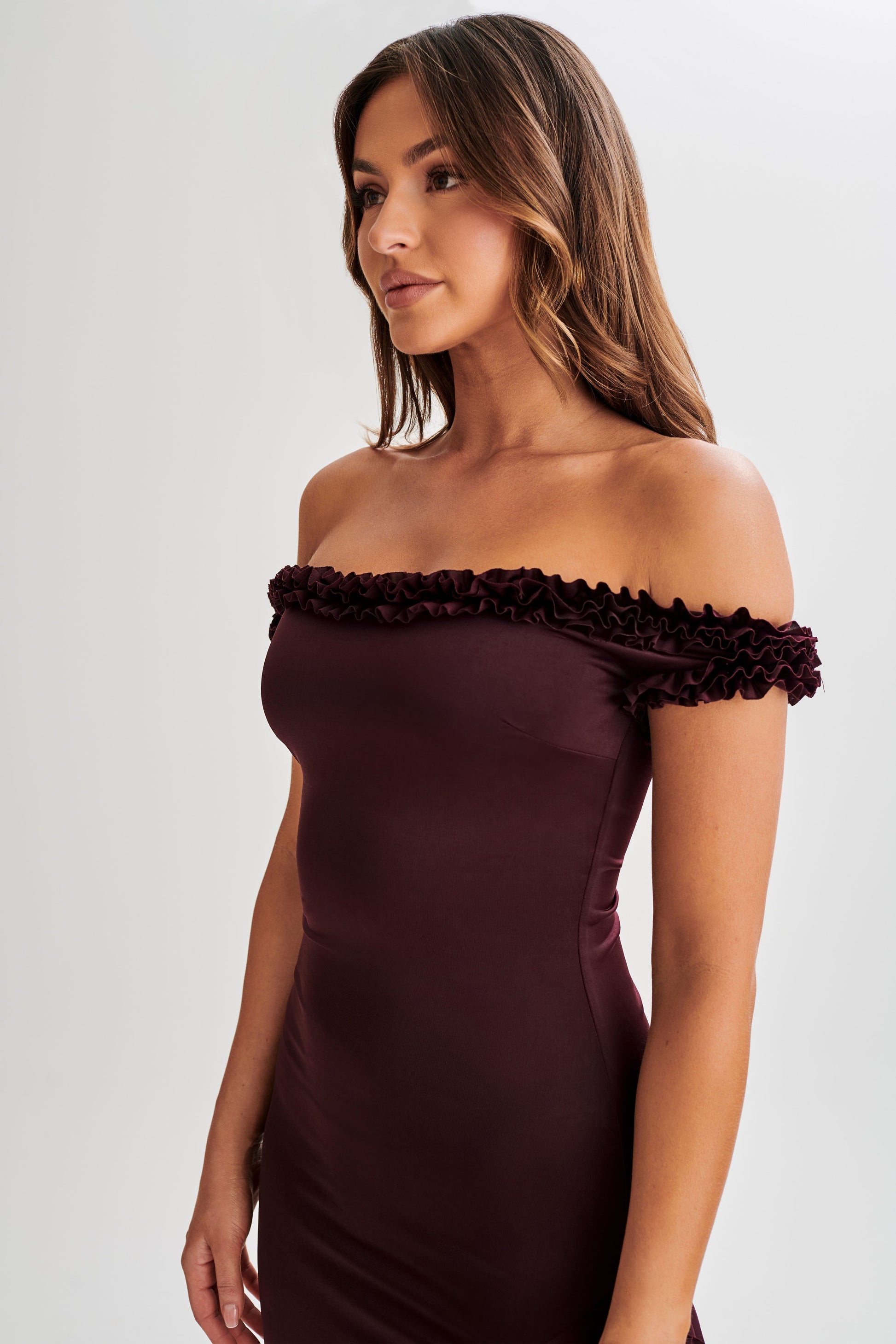 Arielle Off Shoulder Ruffle Midi Dress - Plum #4