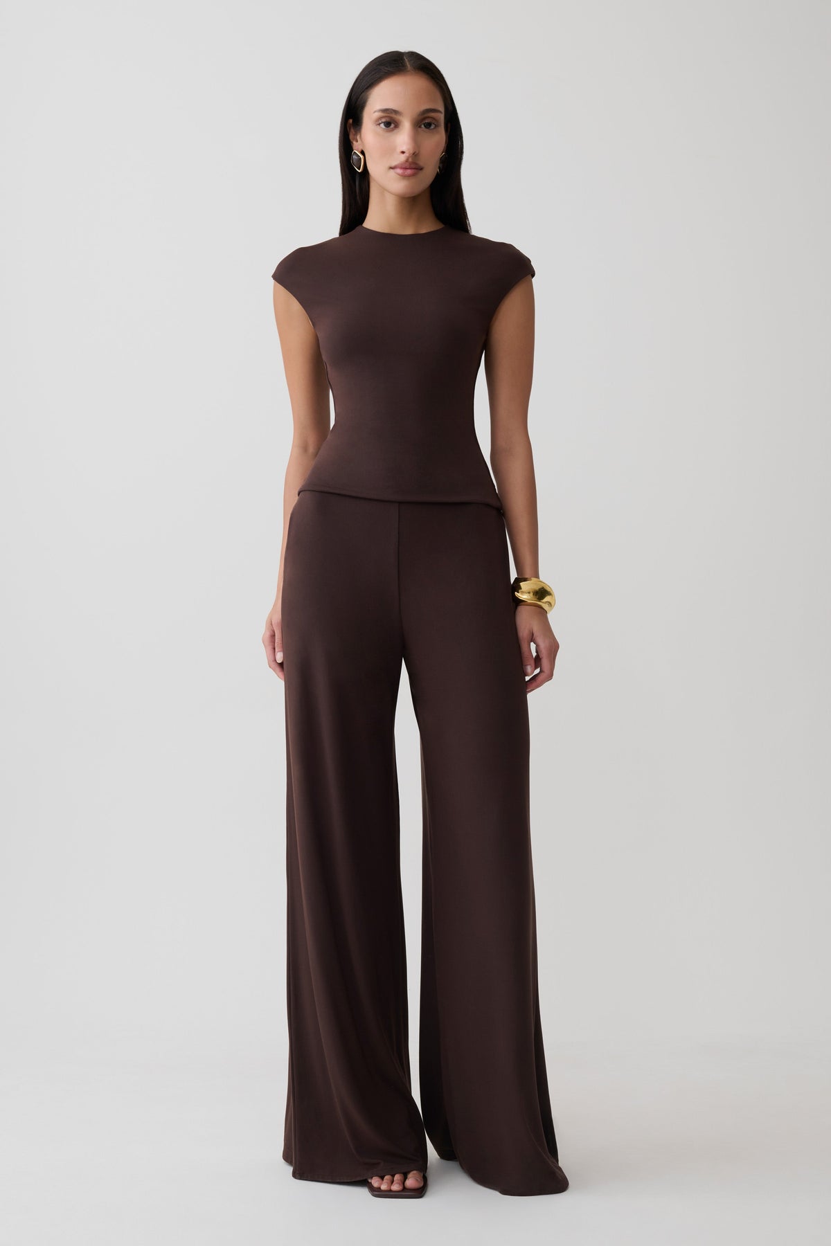 Krysh Wide Leg Peached Jersey Pants - Chocolate