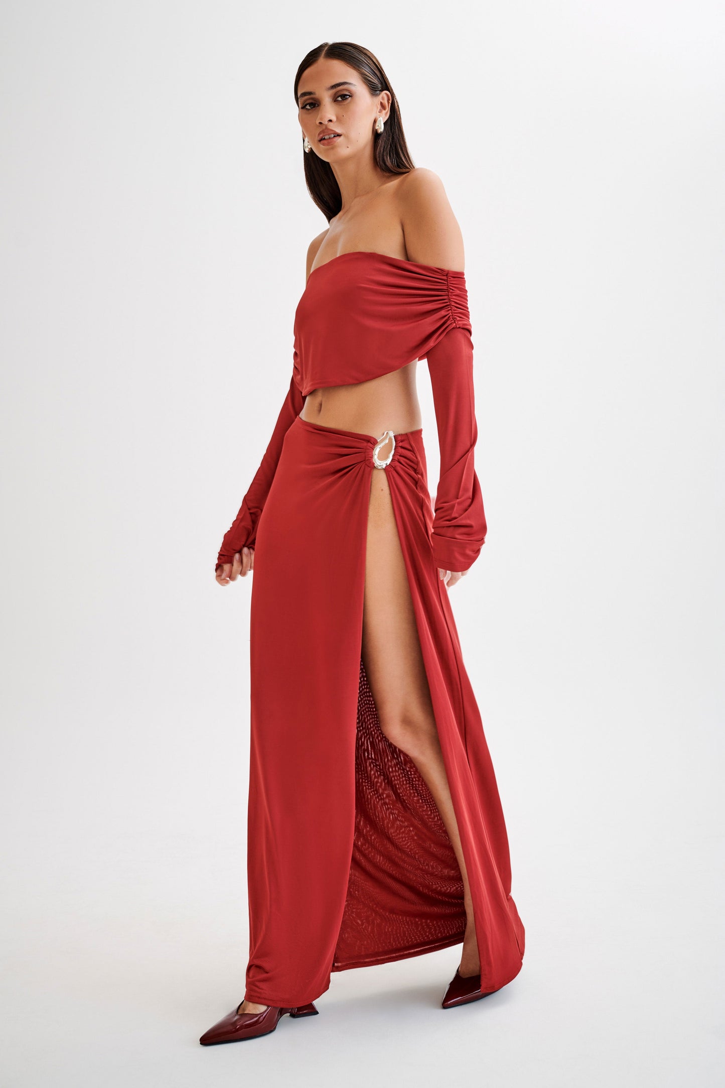Suri Slinky Maxi Skirt With Silver Hardware - Cherry Red