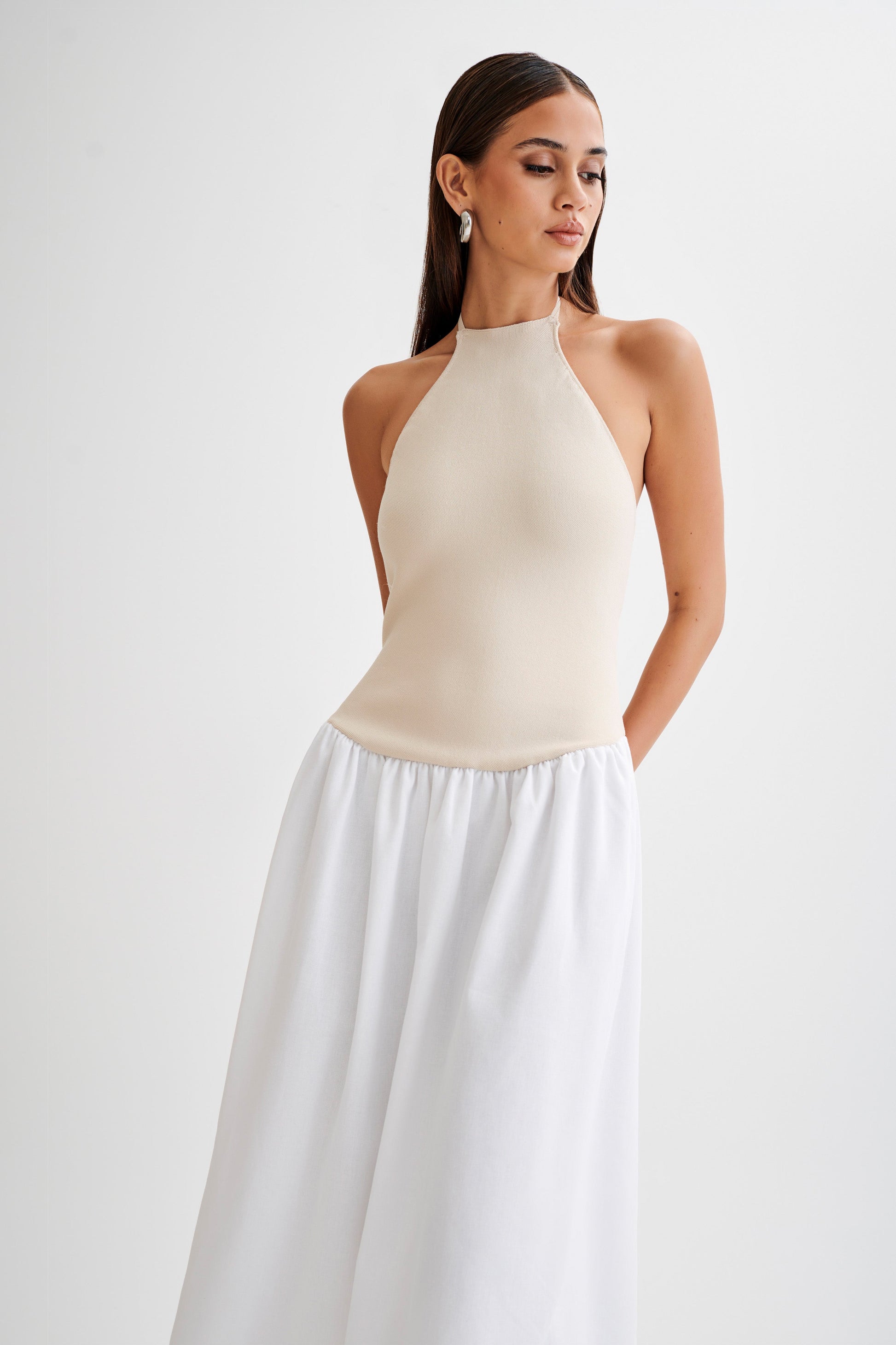 Katie Knit And Linen Midi Dress - Natural/White #6