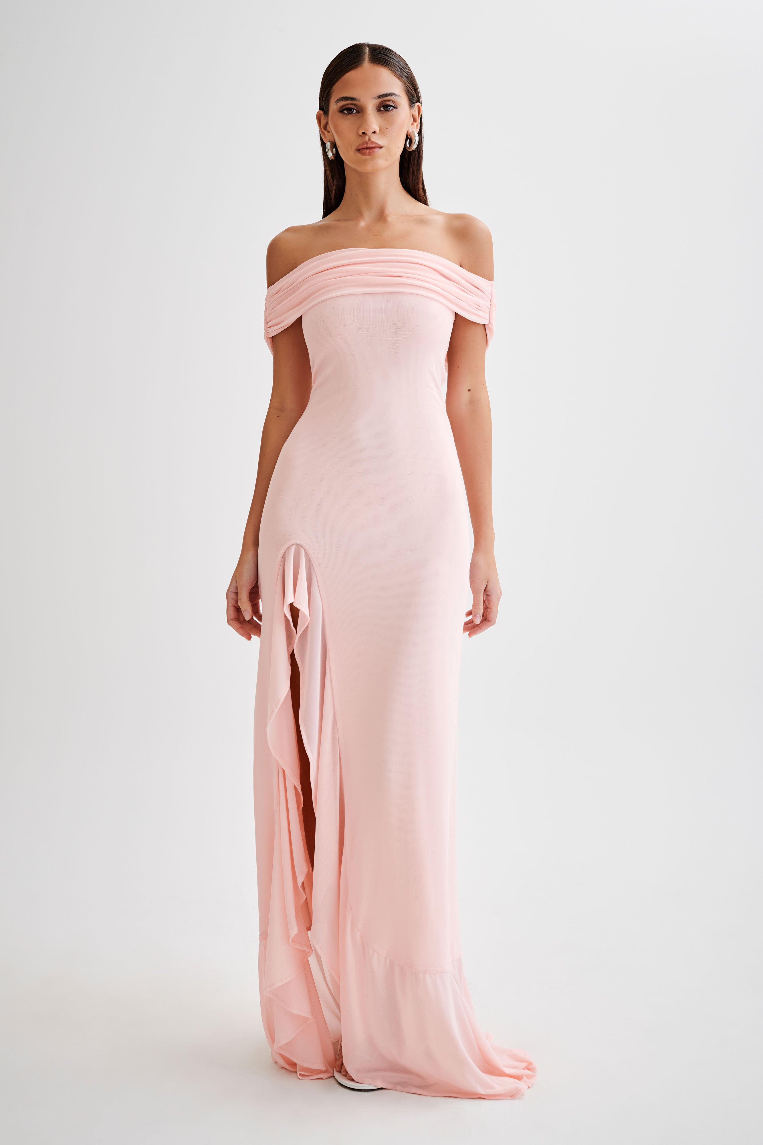 Audrey Off Shoulder Mesh Maxi Dress - Pale Pink | MESHKI UK