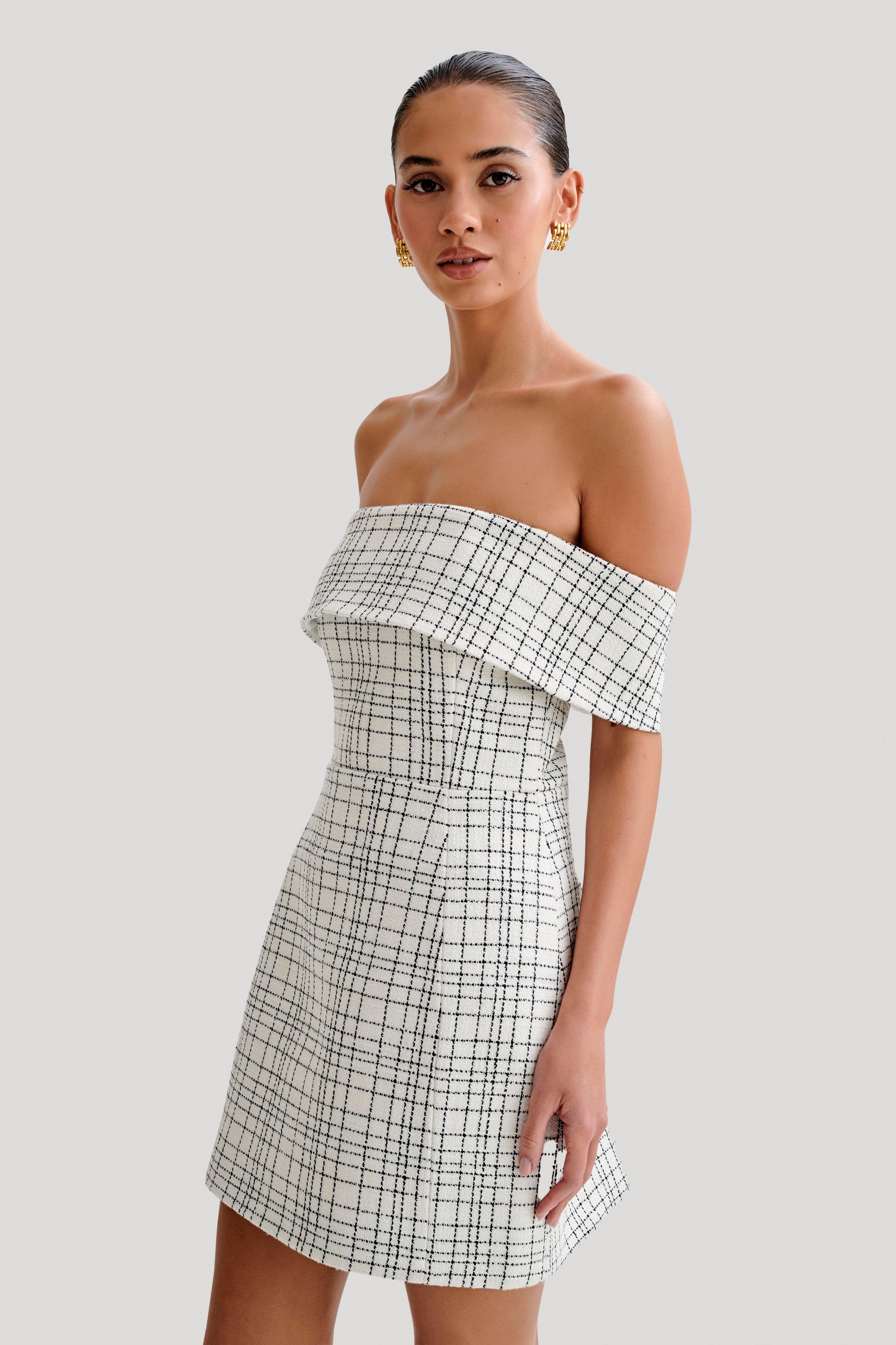 Helena Tweed Off Shoulder Mini Dress - White Check #5