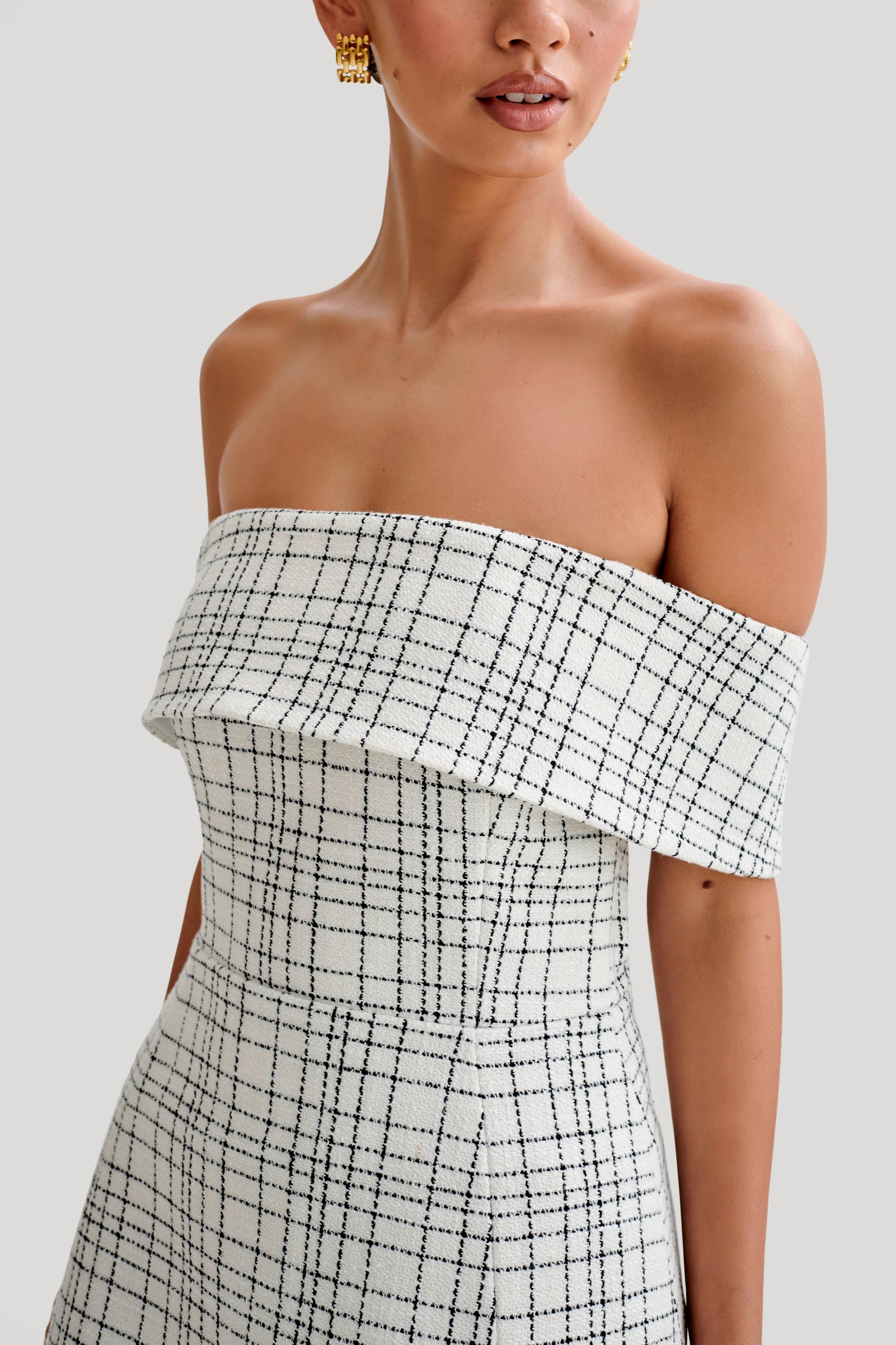 Helena Tweed Off Shoulder Mini Dress - White Check #4