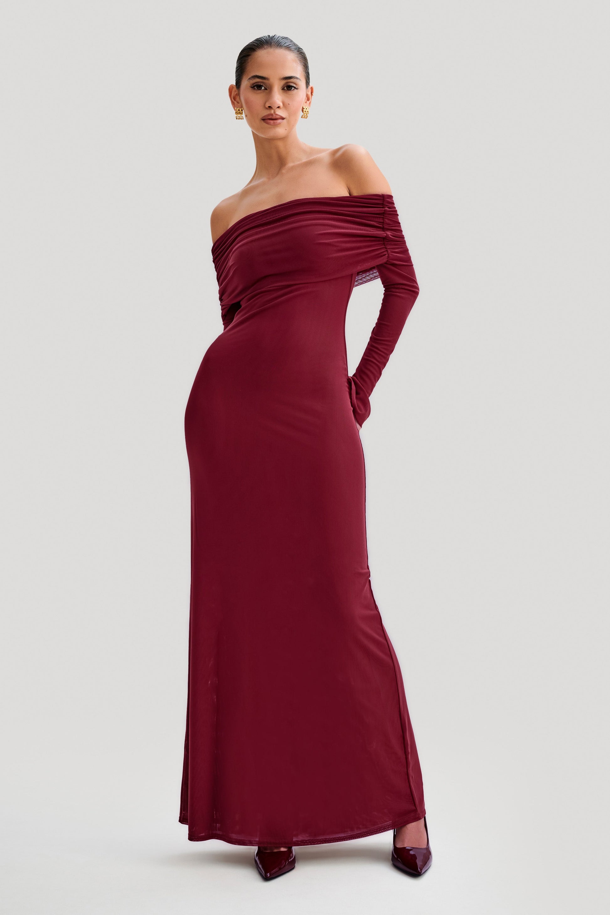 Josie Off Shoulder Mesh Maxi Dress - Wine #4