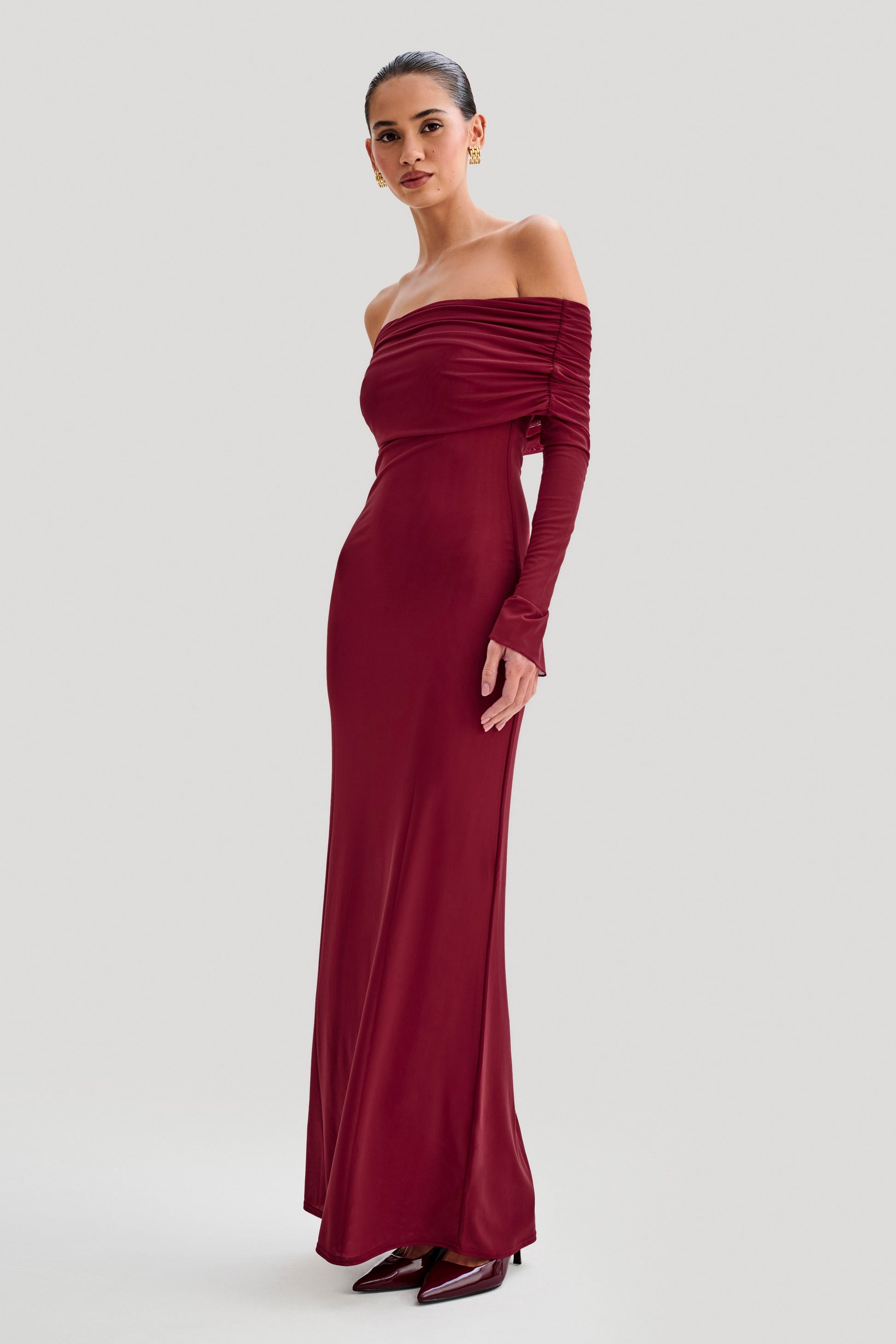 Josie Off Shoulder Mesh Maxi Dress - Wine #5