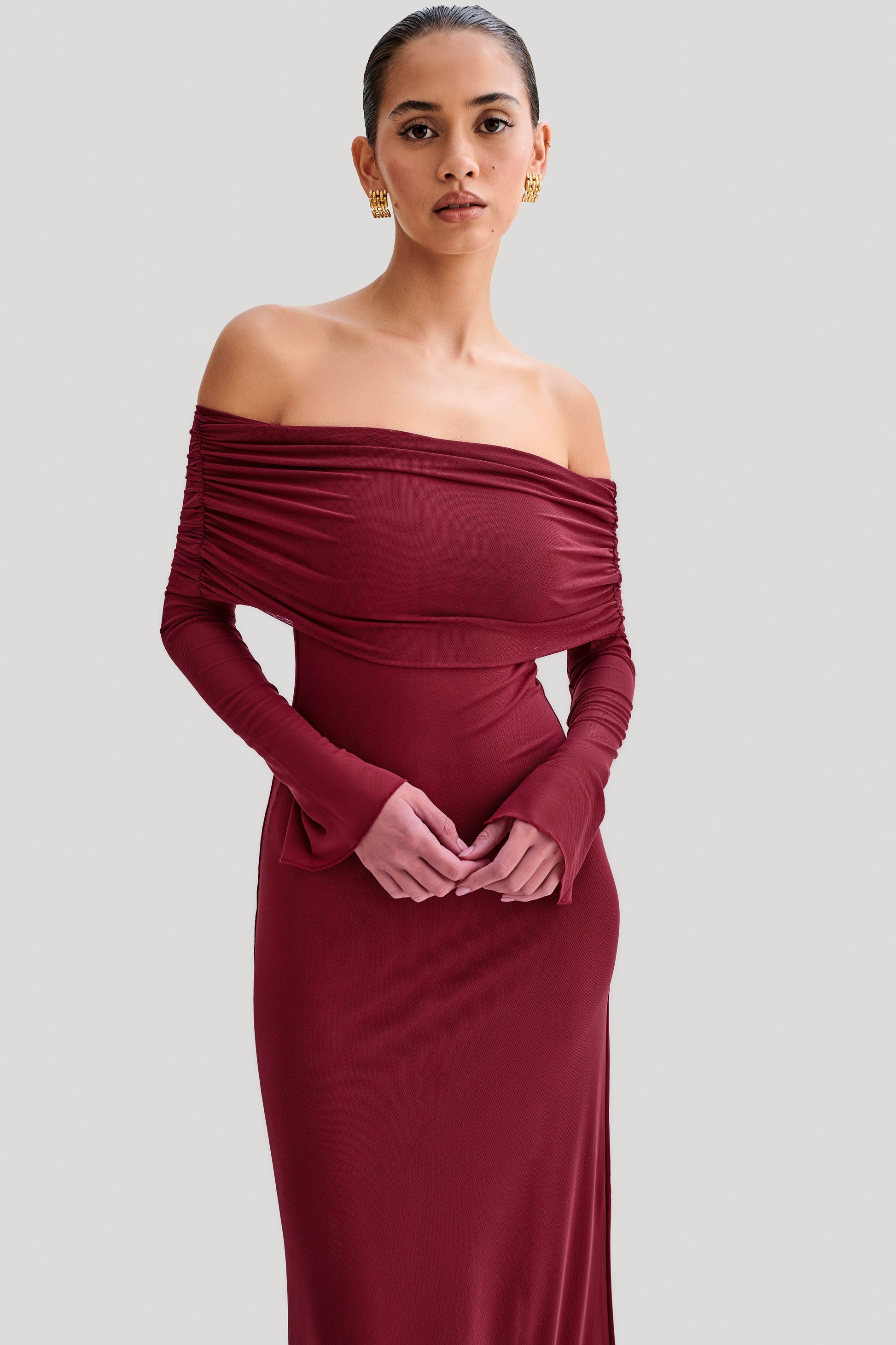 Josie Off Shoulder Mesh Maxi Dress - Wine #6