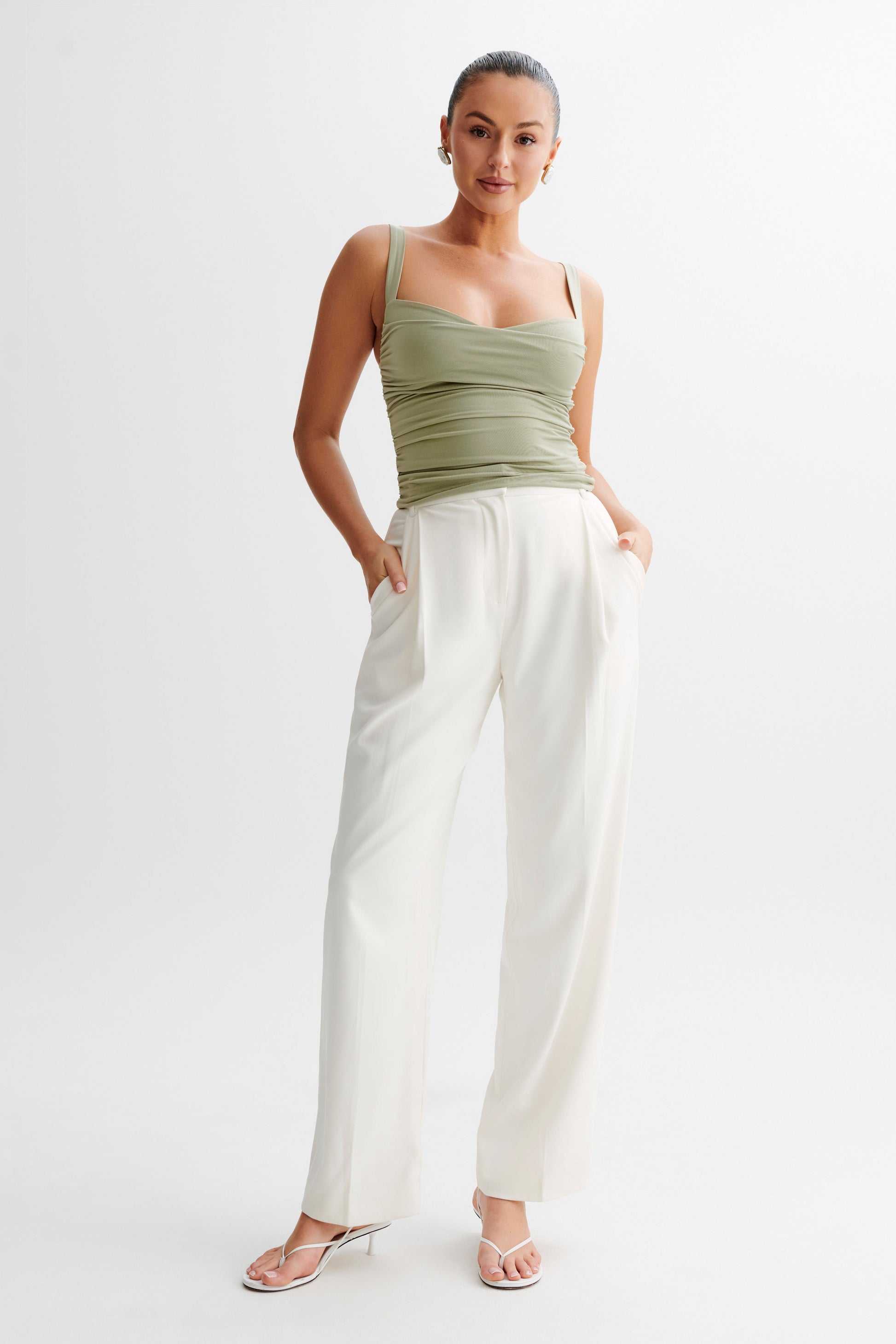 Hailey Slinky Long Line Sweetheart Top - Sage #6