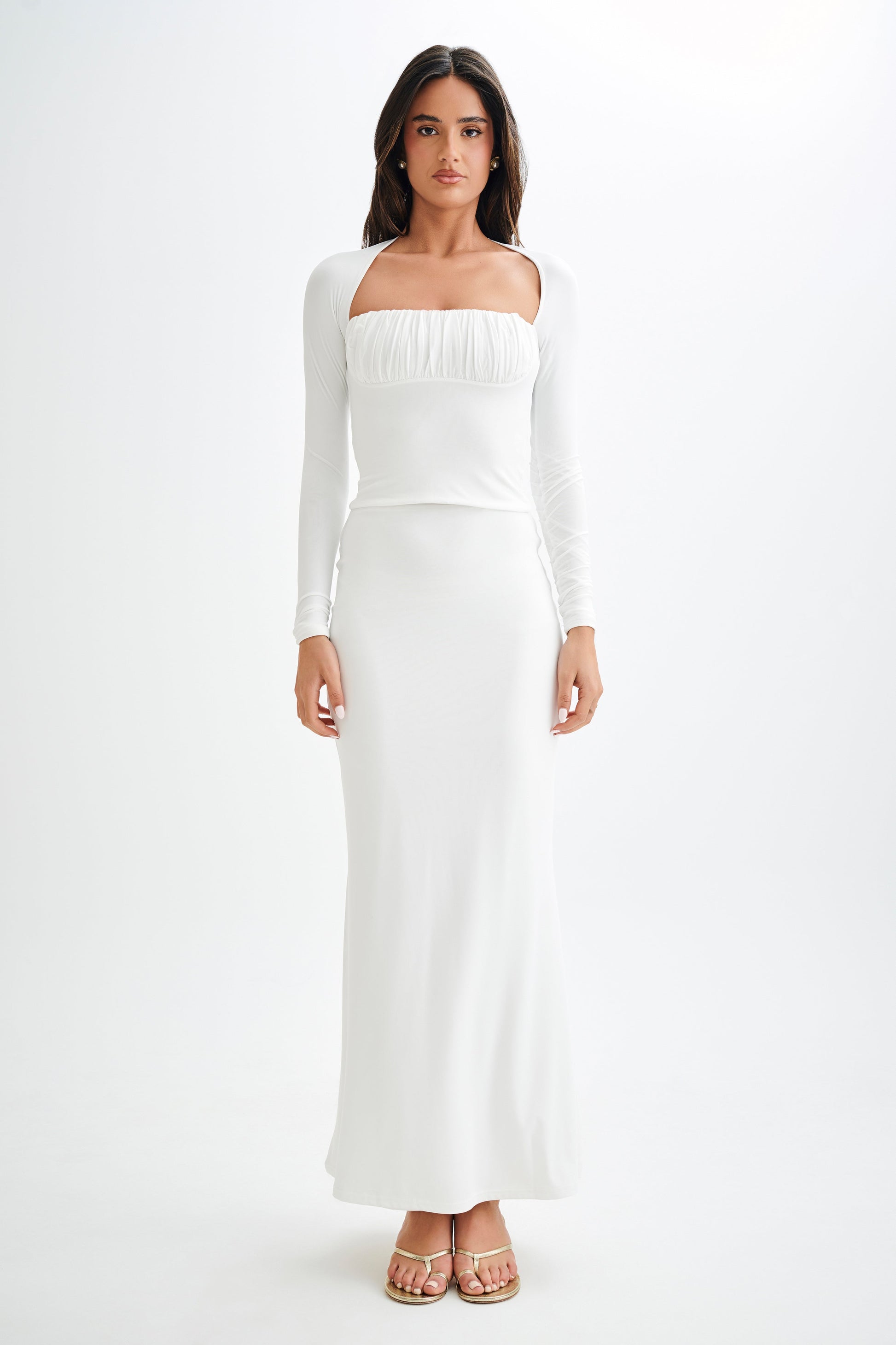 Billie Slinky Ruched Long Sleeve Top - White #6