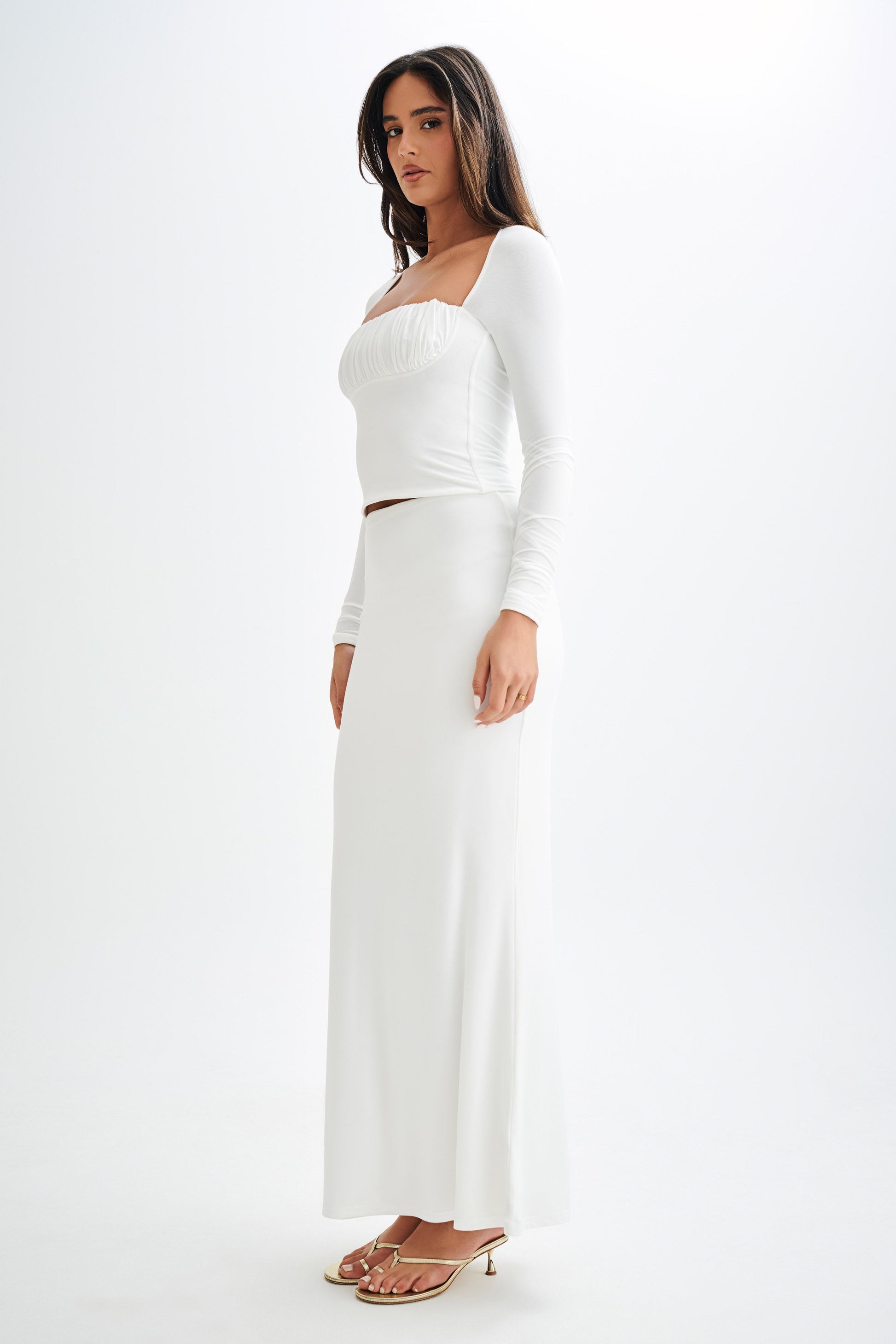 Billie Slinky Ruched Long Sleeve Top - White #7