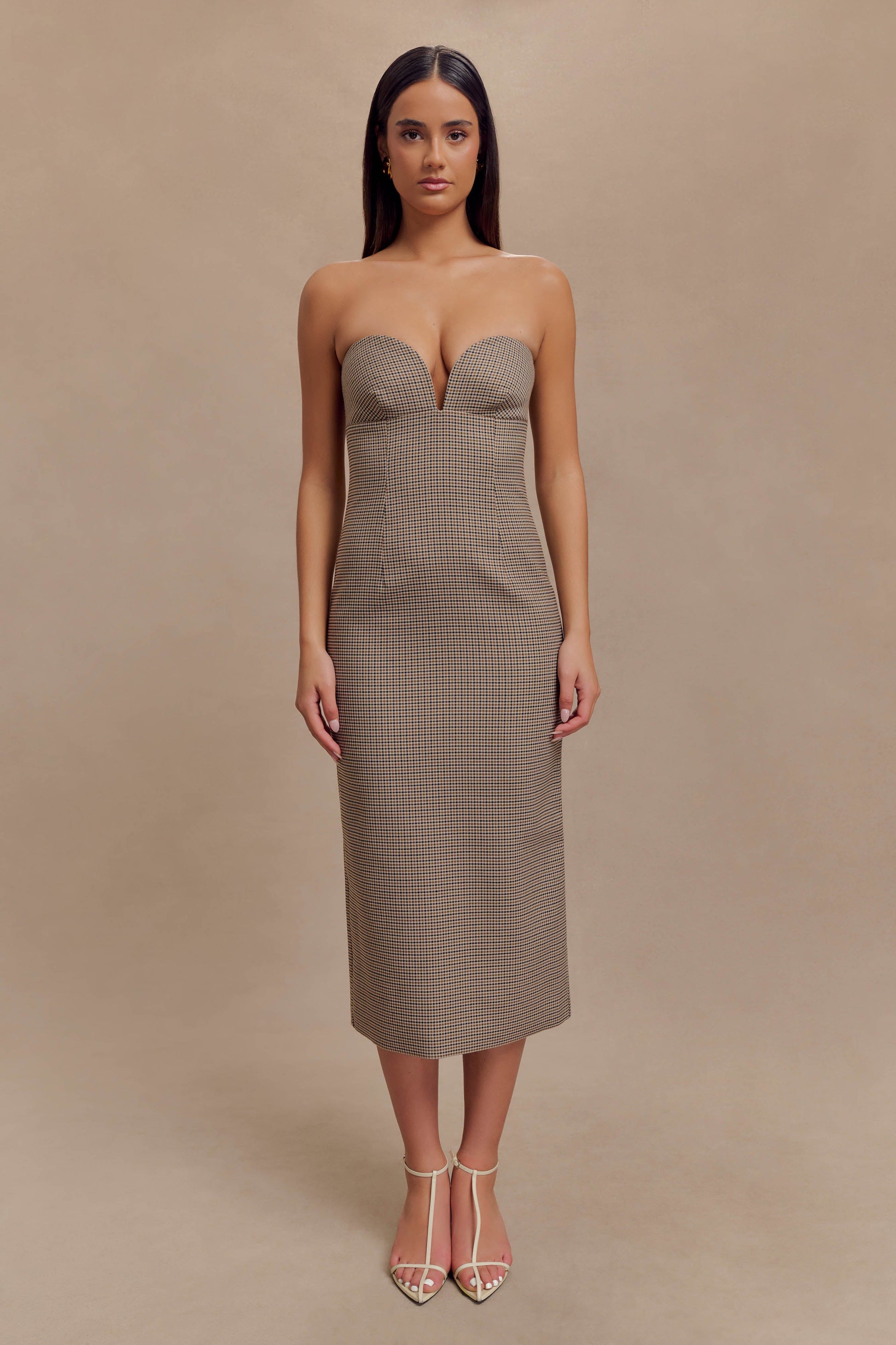 Christie Strapless Midi Dress - Tan Check #2