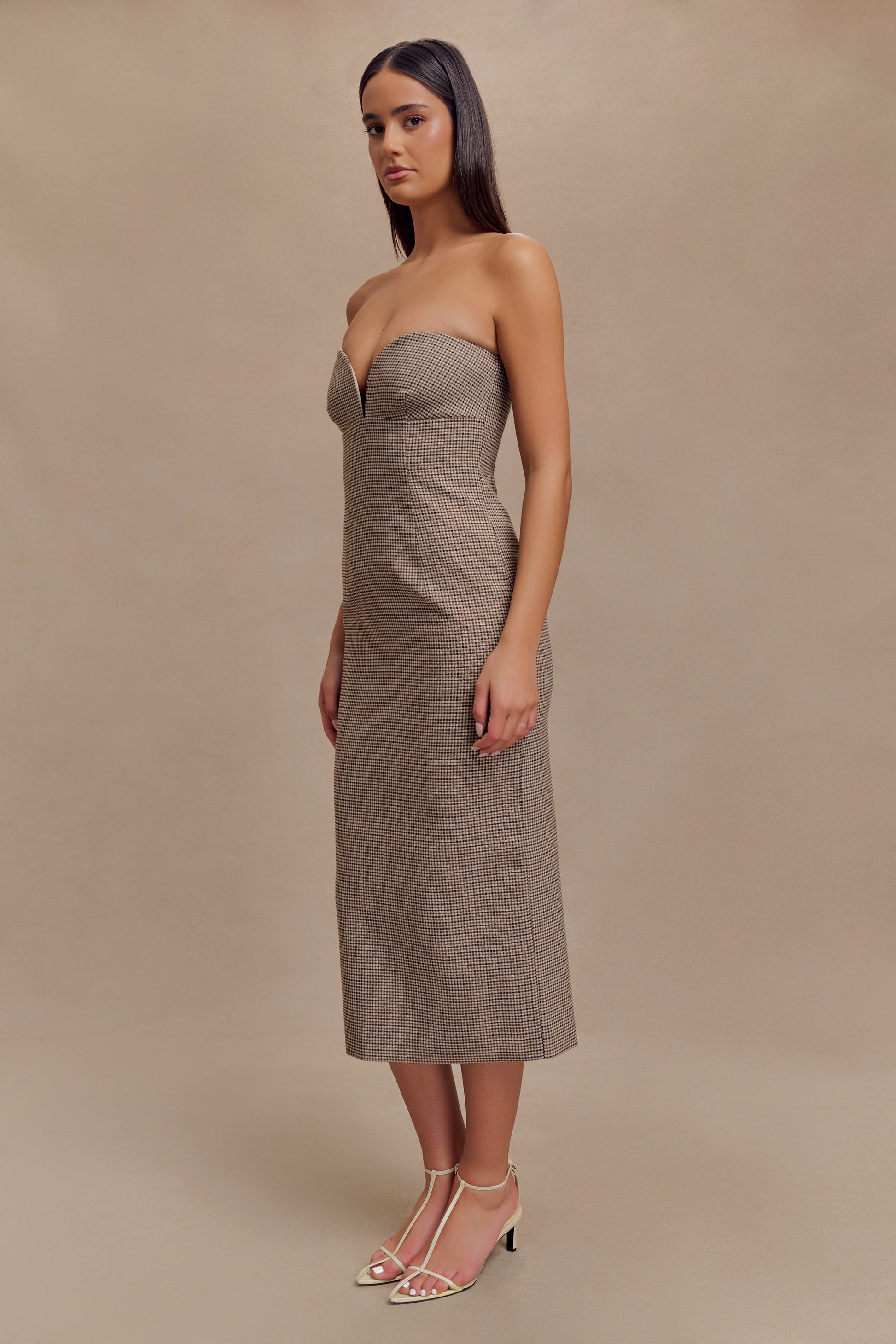 Christie Strapless Midi Dress - Tan Check #4