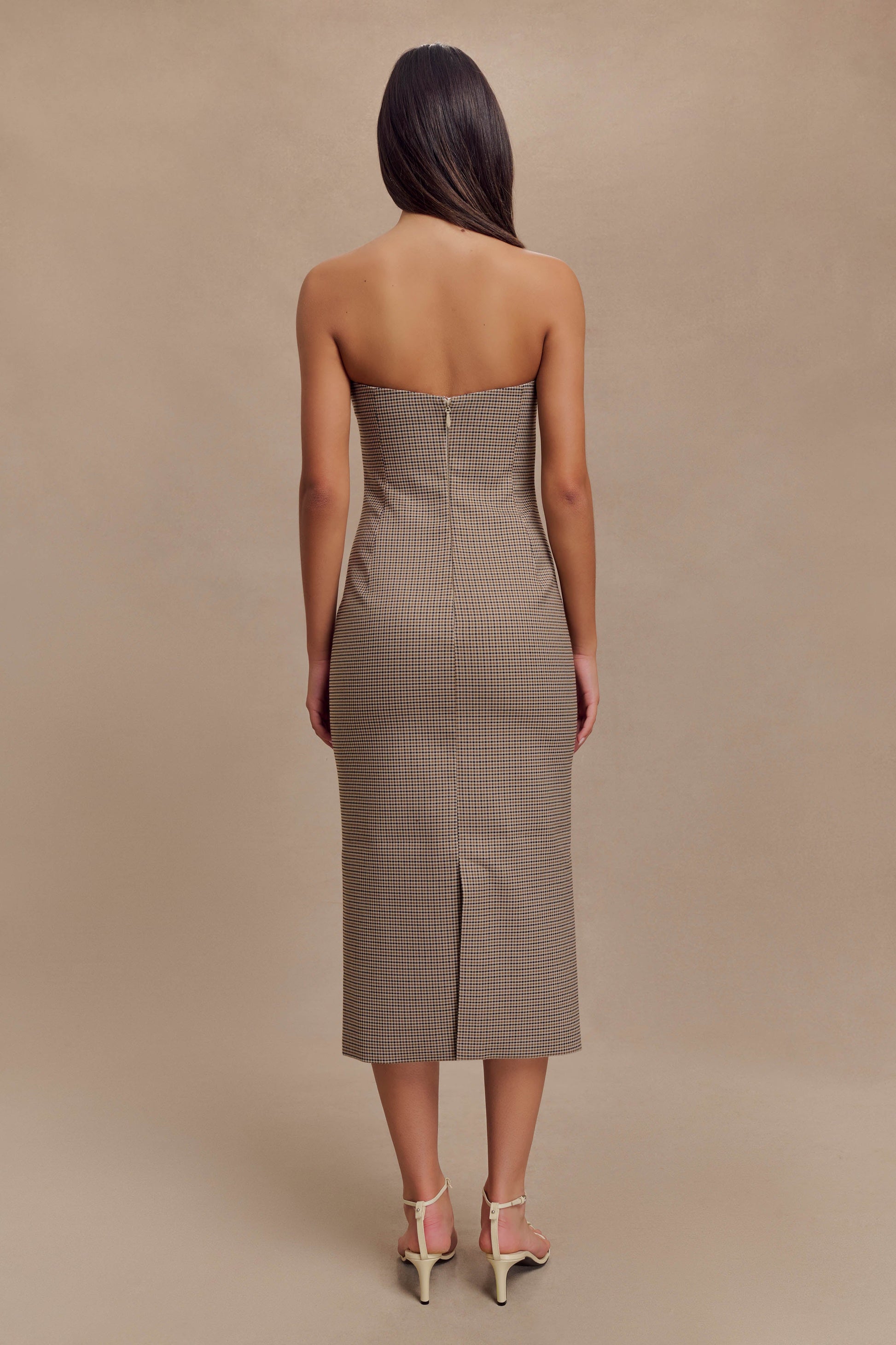 Christie Strapless Midi Dress - Tan Check #3