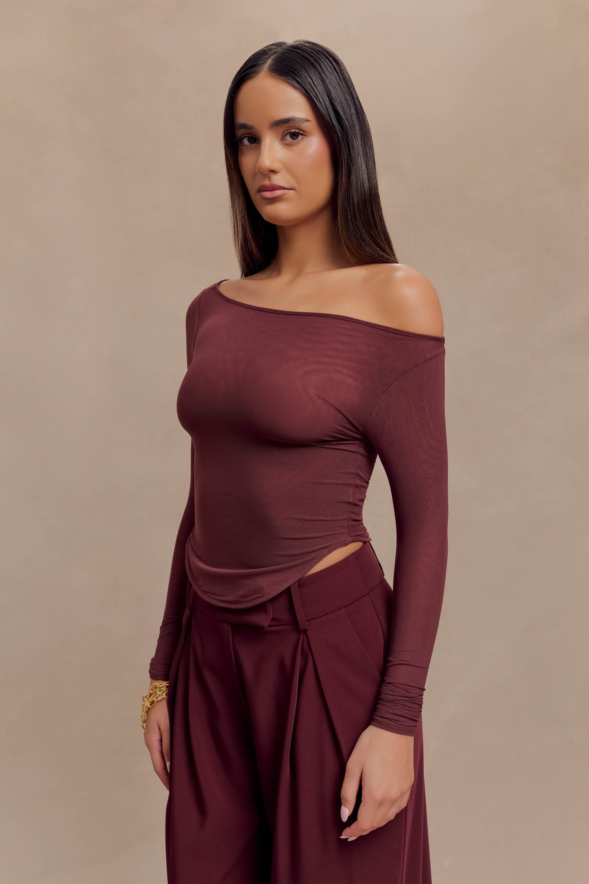 Colette Boat Neck Mesh Top - Mahogany #6