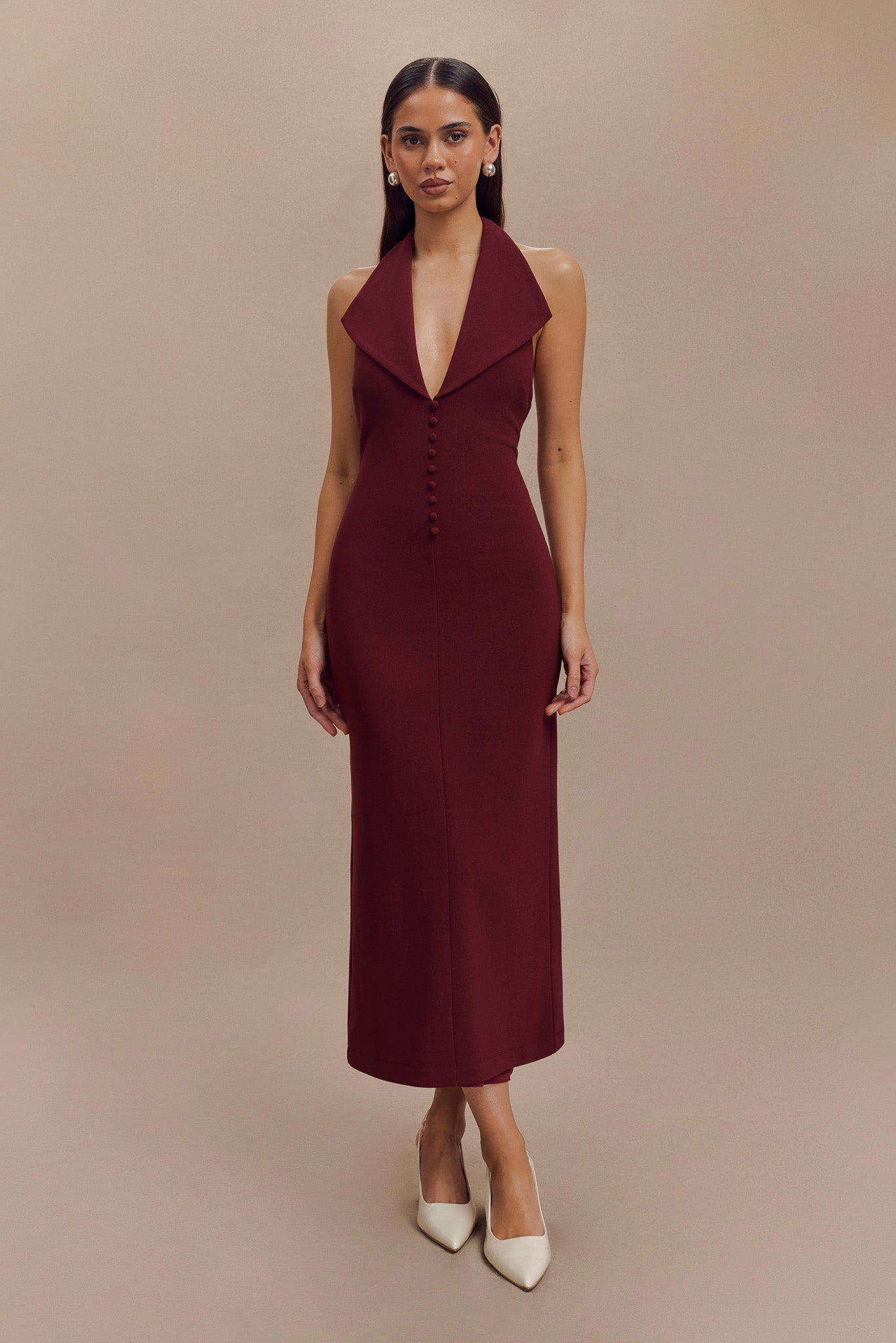 Annita Crepe Halter Midi Dress - Merlot #2