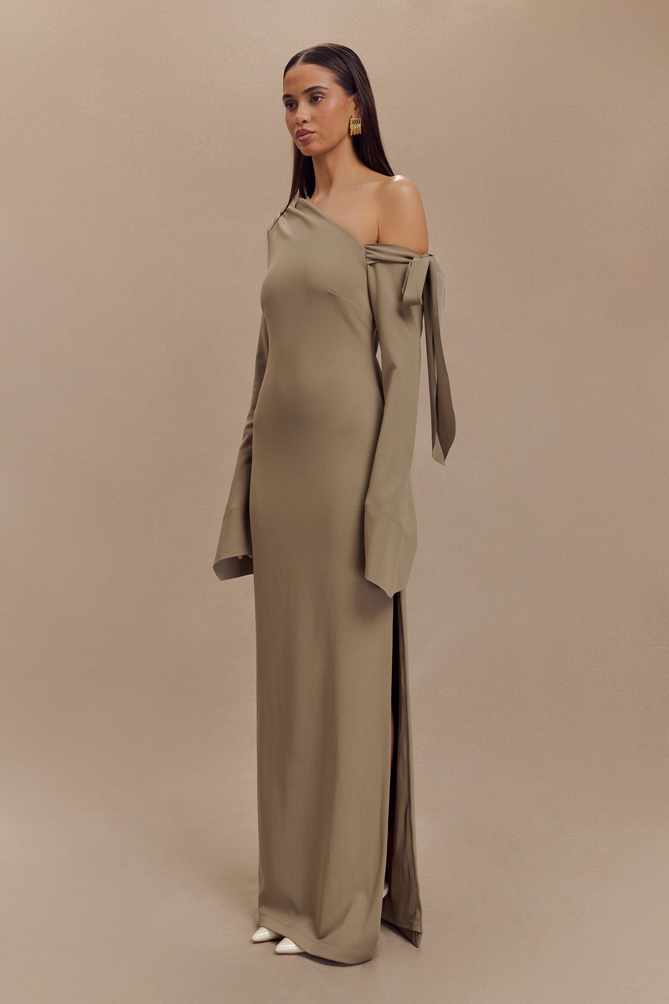 Nicola One Shoulder Crepe Maxi Dress - Mushroom #7