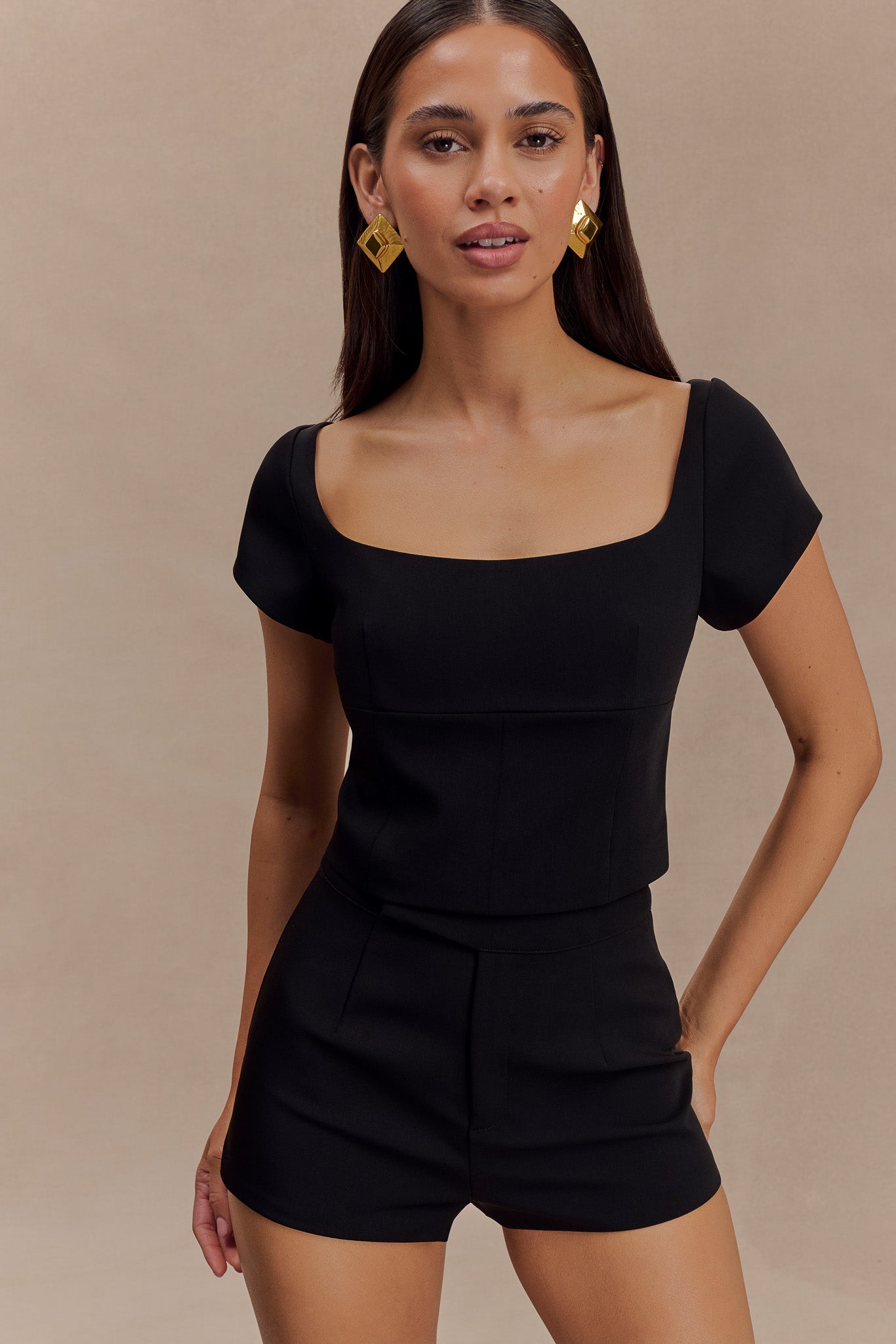 Ellis Cap Sleeve Longline Suiting Top - Black #2