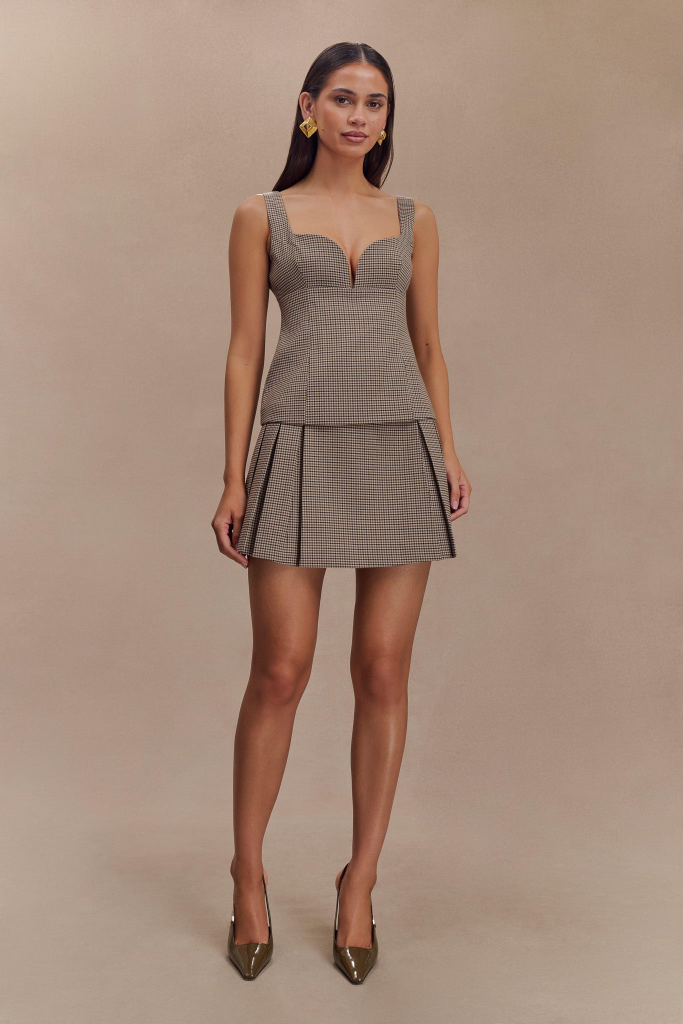 Angie Pleated Buckle Mini Skirt - Tan Check #8