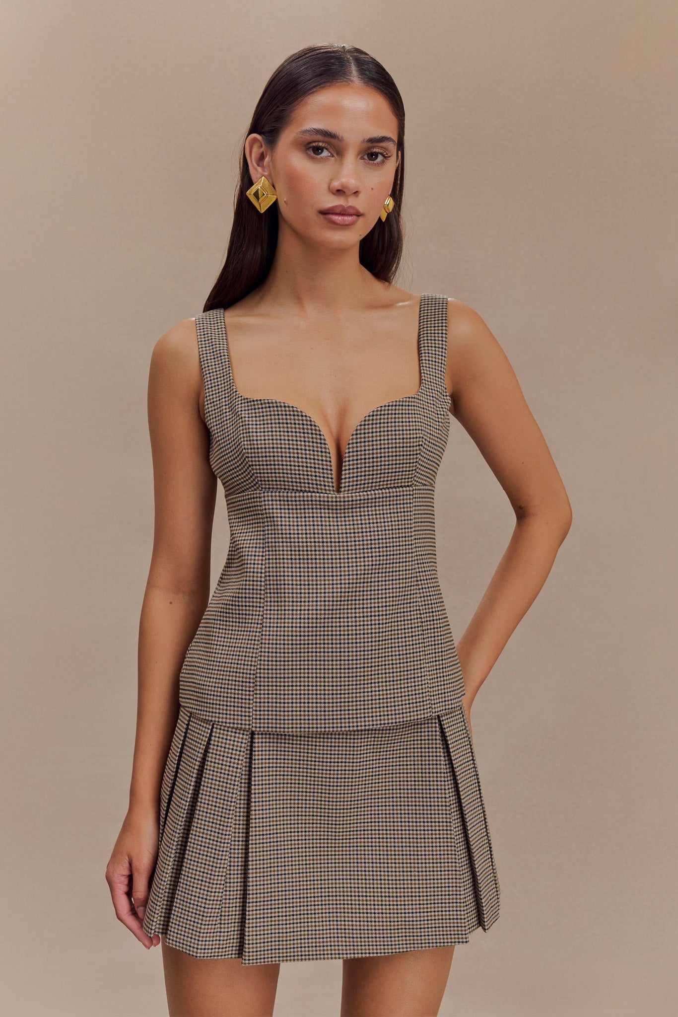 Angie Pleated Buckle Mini Skirt - Tan Check #5