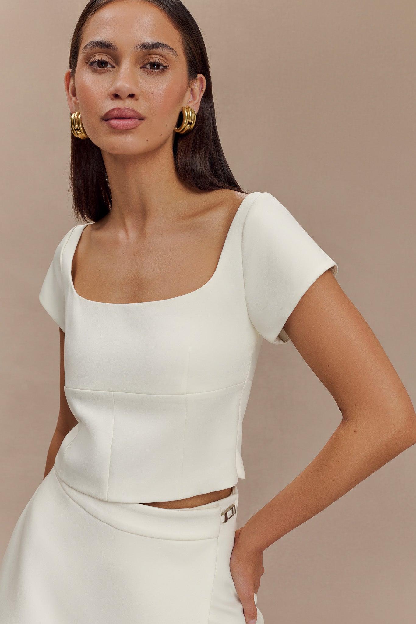 Ellis Cap Sleeve Longline Suiting Top - Ivory #5