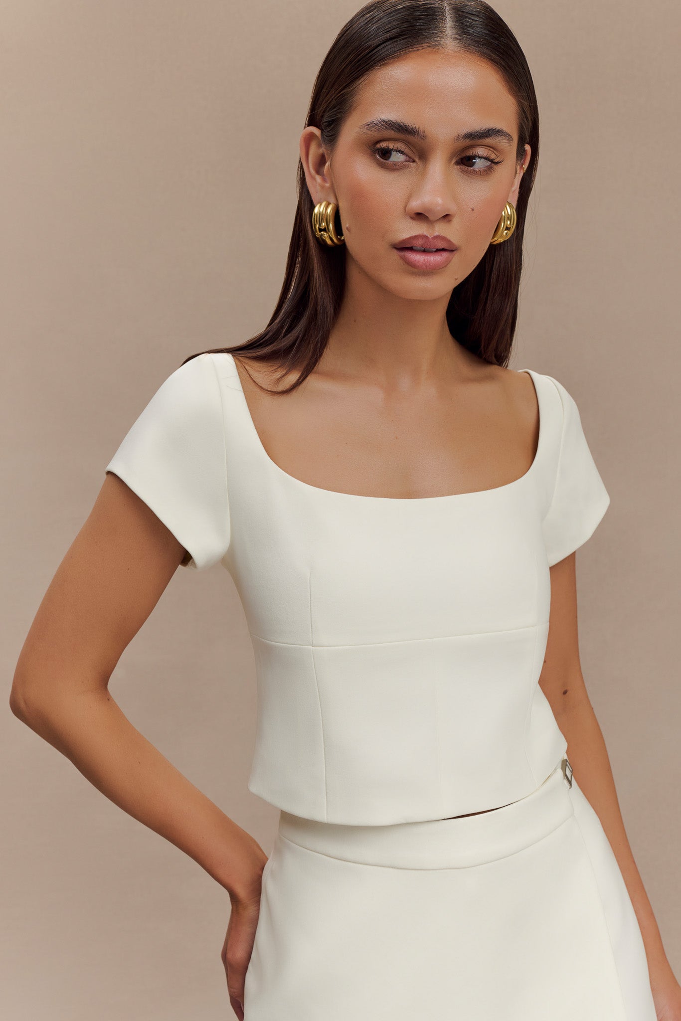 Ellis Cap Sleeve Longline Suiting Top - Ivory #8