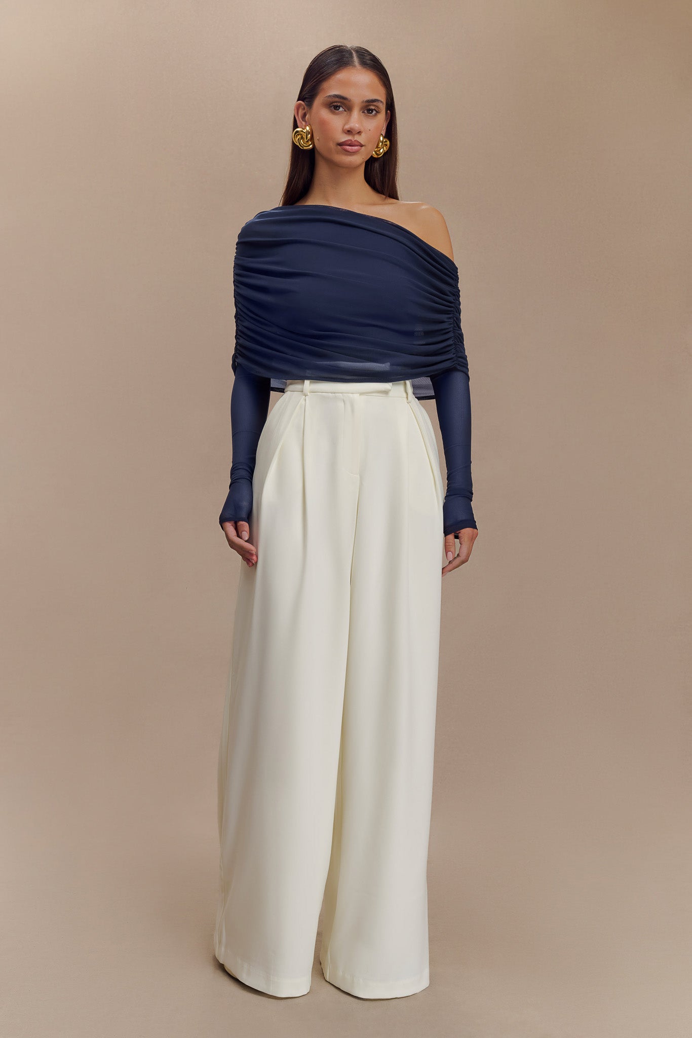 Everly Sheer Mesh Off Shoulder Top - Dark Navy