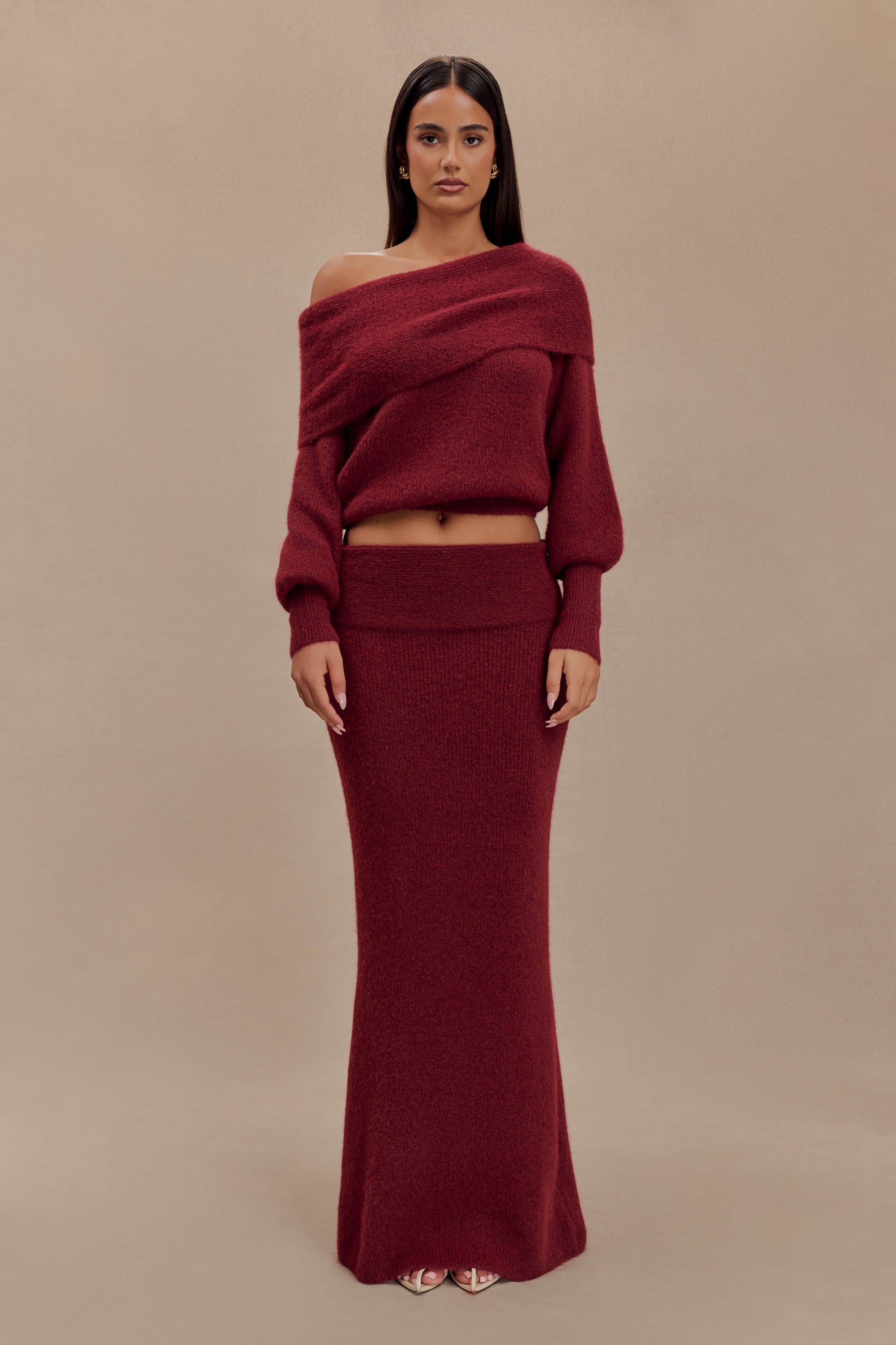Charlotte Knit Maxi Skirt With Overlay - Merlot #7
