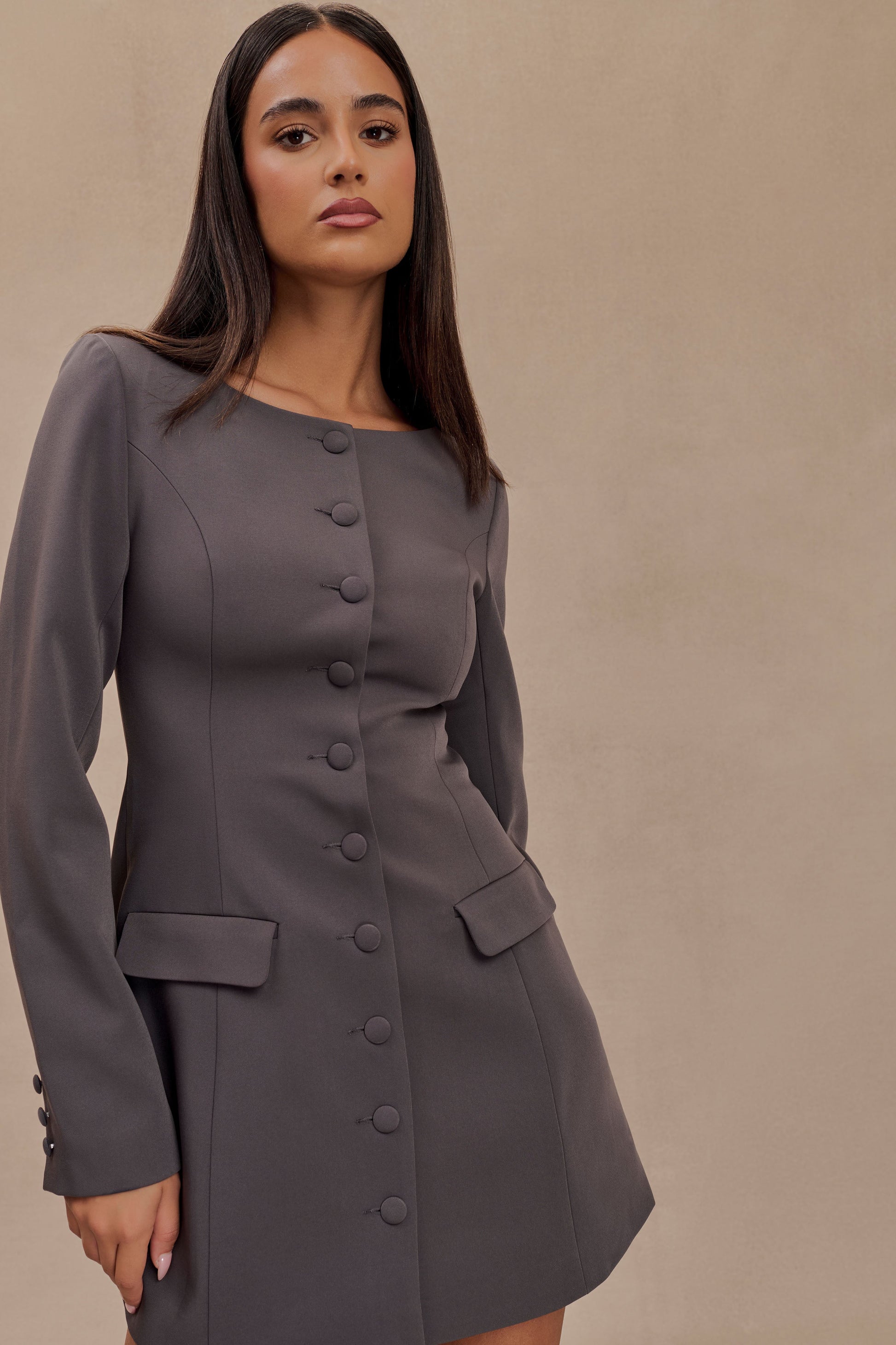 Jolie Boat Neck Suiting Mini Dress - Charcoal Grey #6