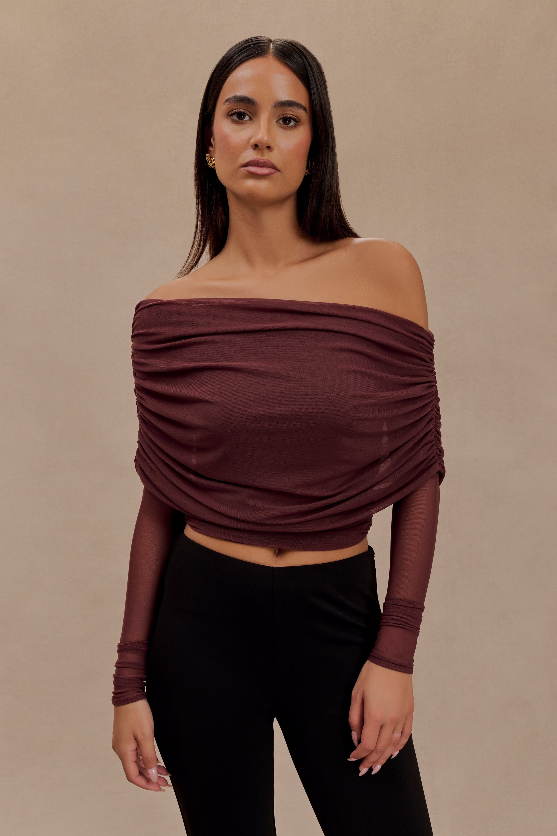 Everly Sheer Mesh Off Shoulder Top - Mahogany #5