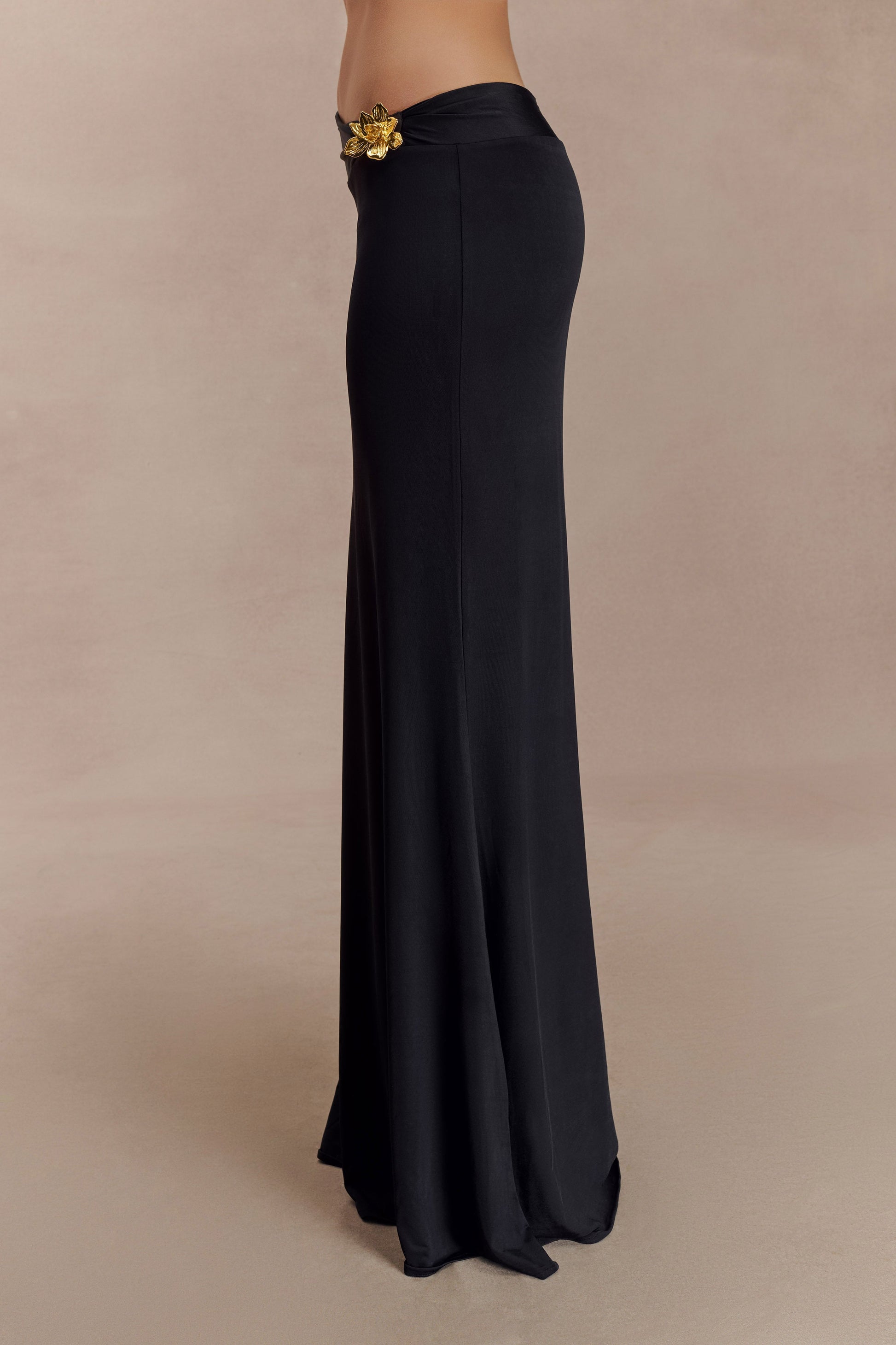 Ainsley Asymmetrical Maxi Skirt With Floral Hardware - Black #4
