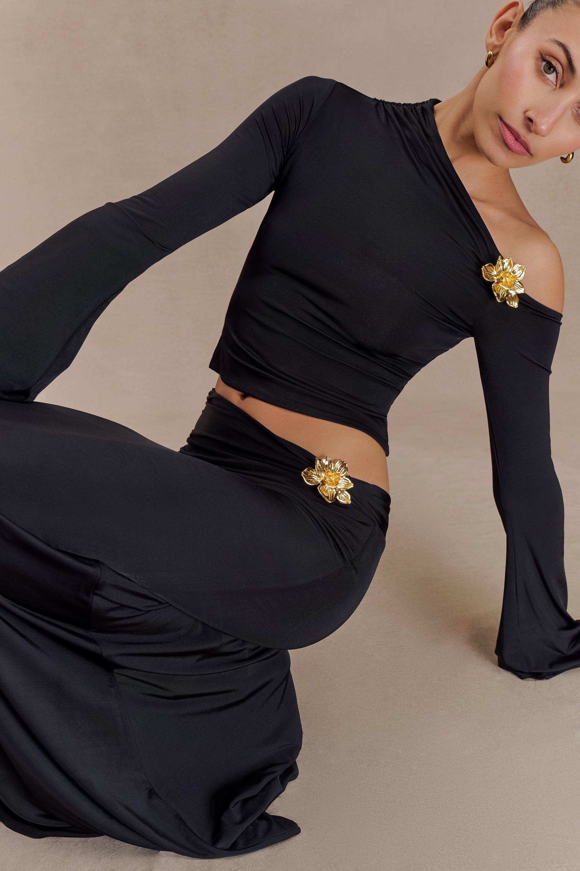 Ainsley Asymmetrical Long Sleeve Top With Floral Hardware - Black #6