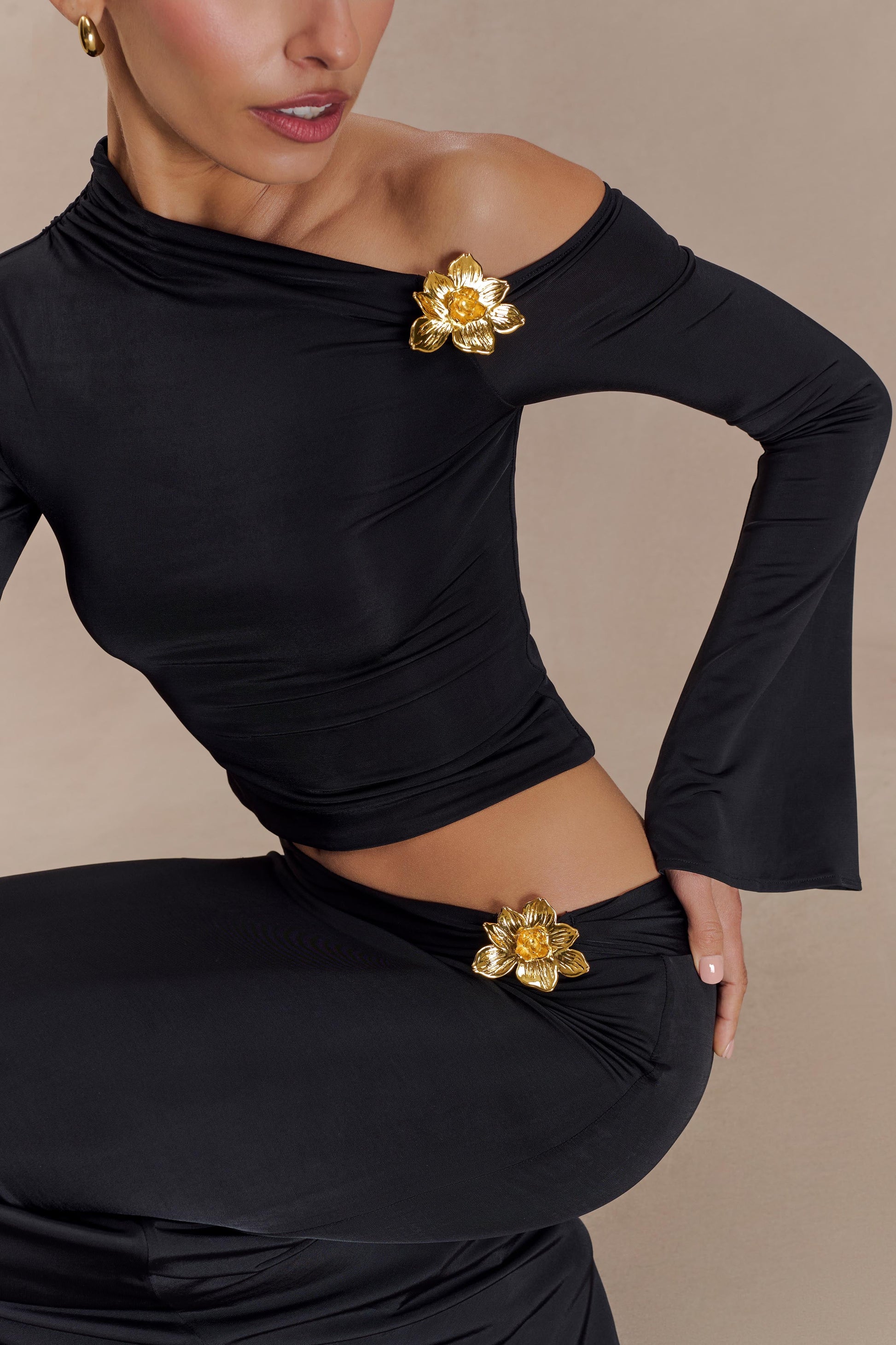 Ainsley Asymmetrical Long Sleeve Top With Floral Hardware - Black #3