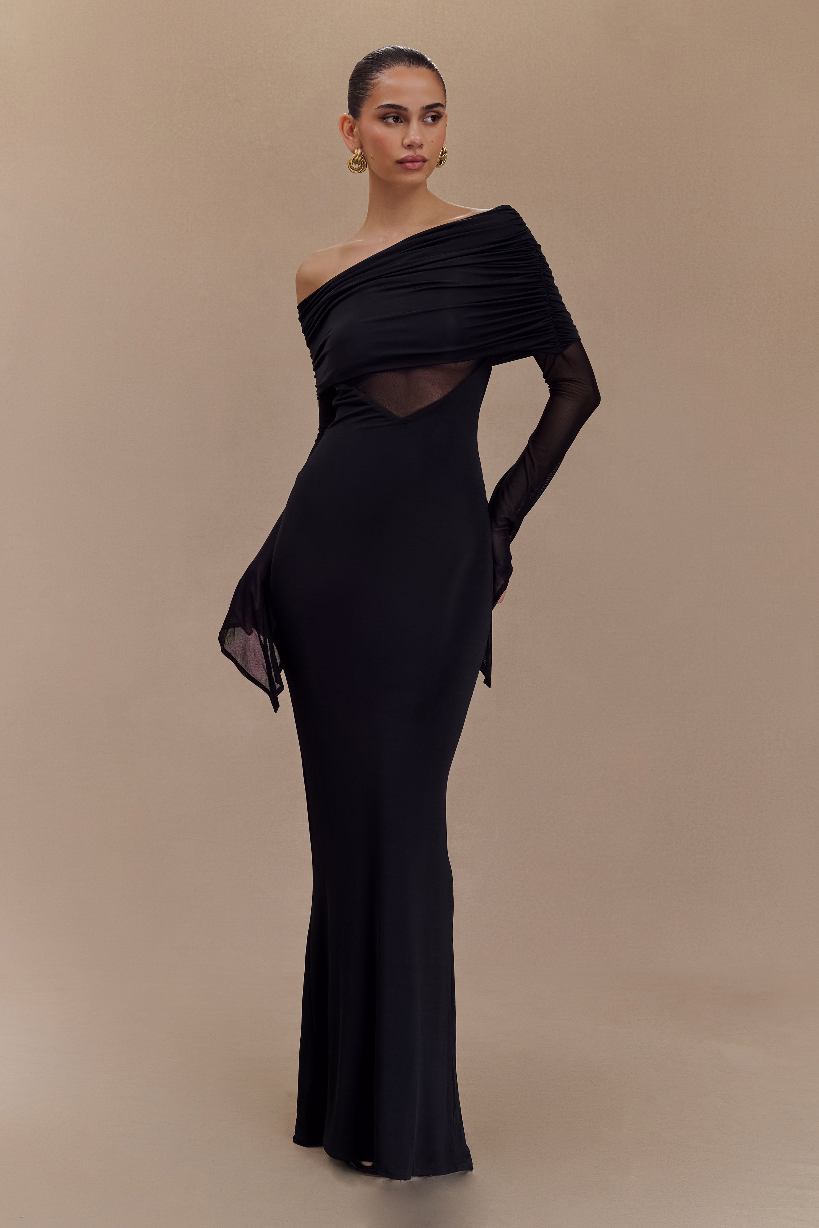 Kaitlin One Shoulder Slinky And Mesh Maxi Dress